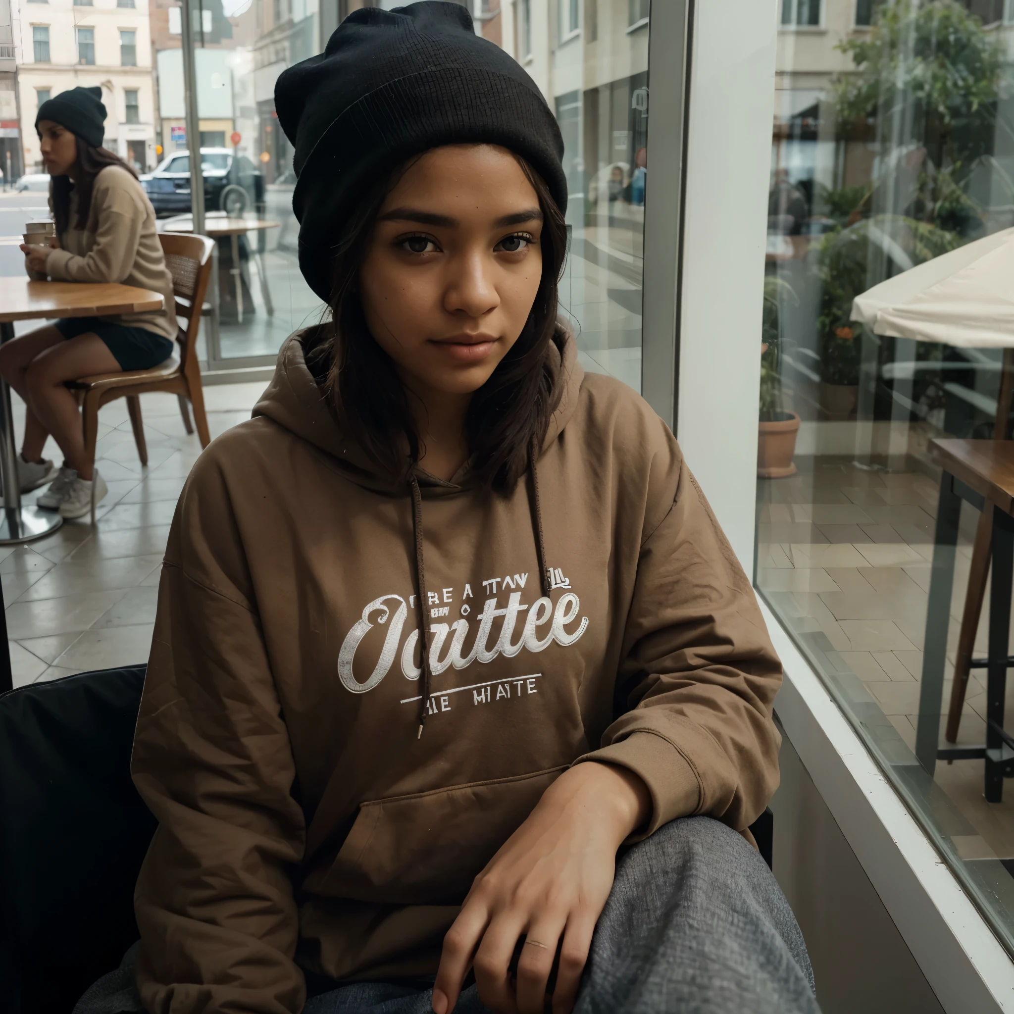 photorealistic, best quality, hyper detailed, light brown skin, black hair, wearing hoodie, sitting on chair near window, cafe, looking at camera, beanie, hands hidden, analog style, skin texture, film grain, close up, ultra high res, best shadow, RAW, instagram LUT