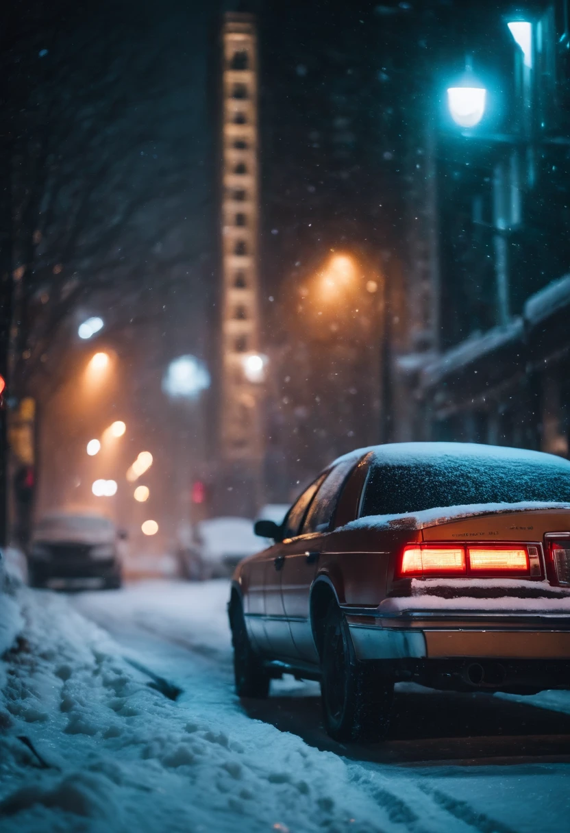 A nighttime cityscape covered in snow, with neon lights reflecting off the icy streets and creating a visually striking and energetic winter background.
