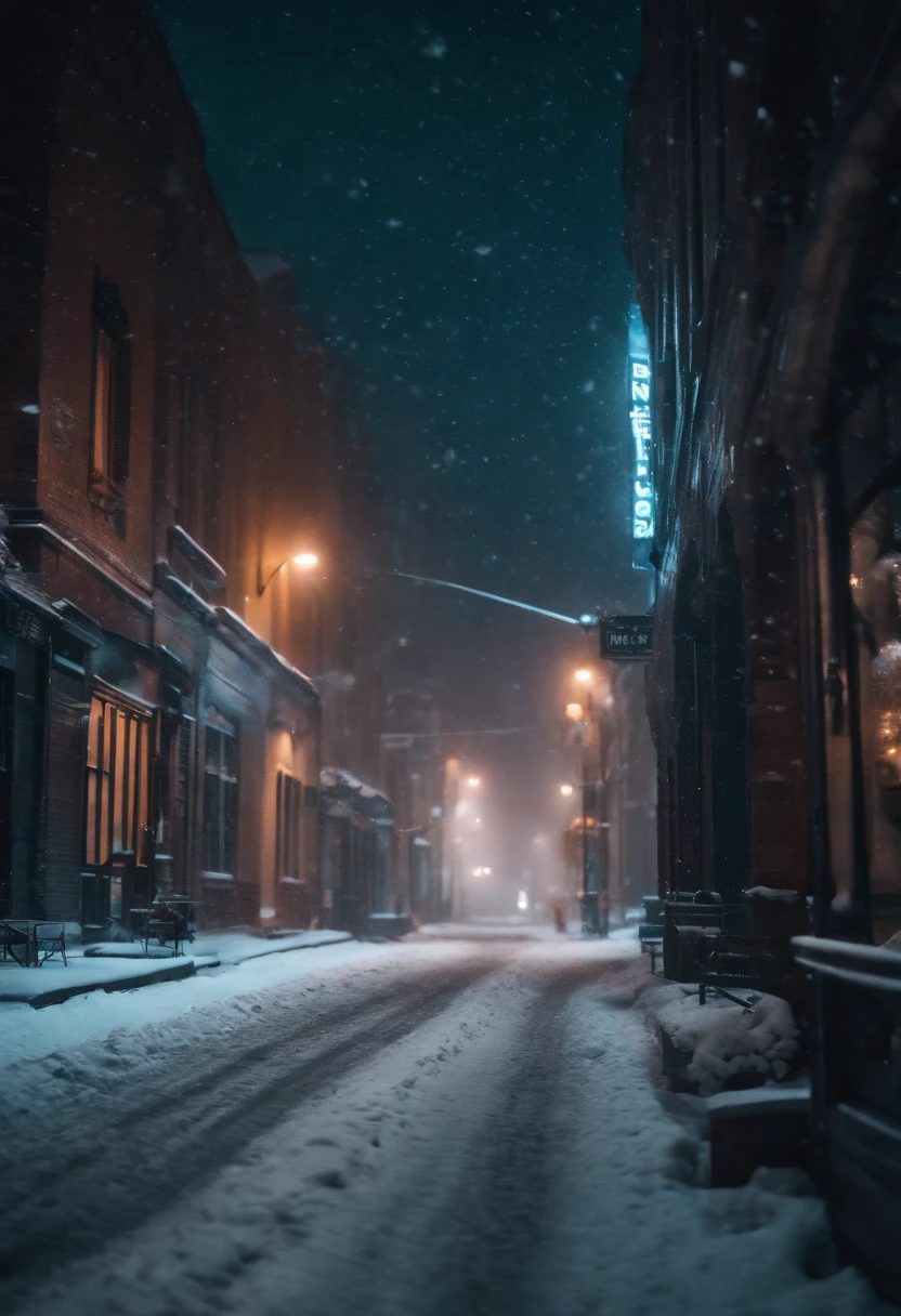 A nighttime cityscape covered in snow, with neon lights reflecting off the icy streets and creating a visually striking and energetic winter background.