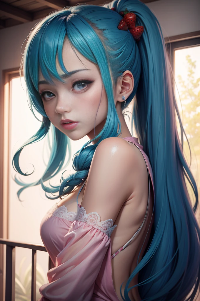 highly detailed, seductive erotic female is sweating,  covered in rose pedals, (busty, pink/blue hair), centered on the face, face focused, intricate eyes, blue hair, green eyes 