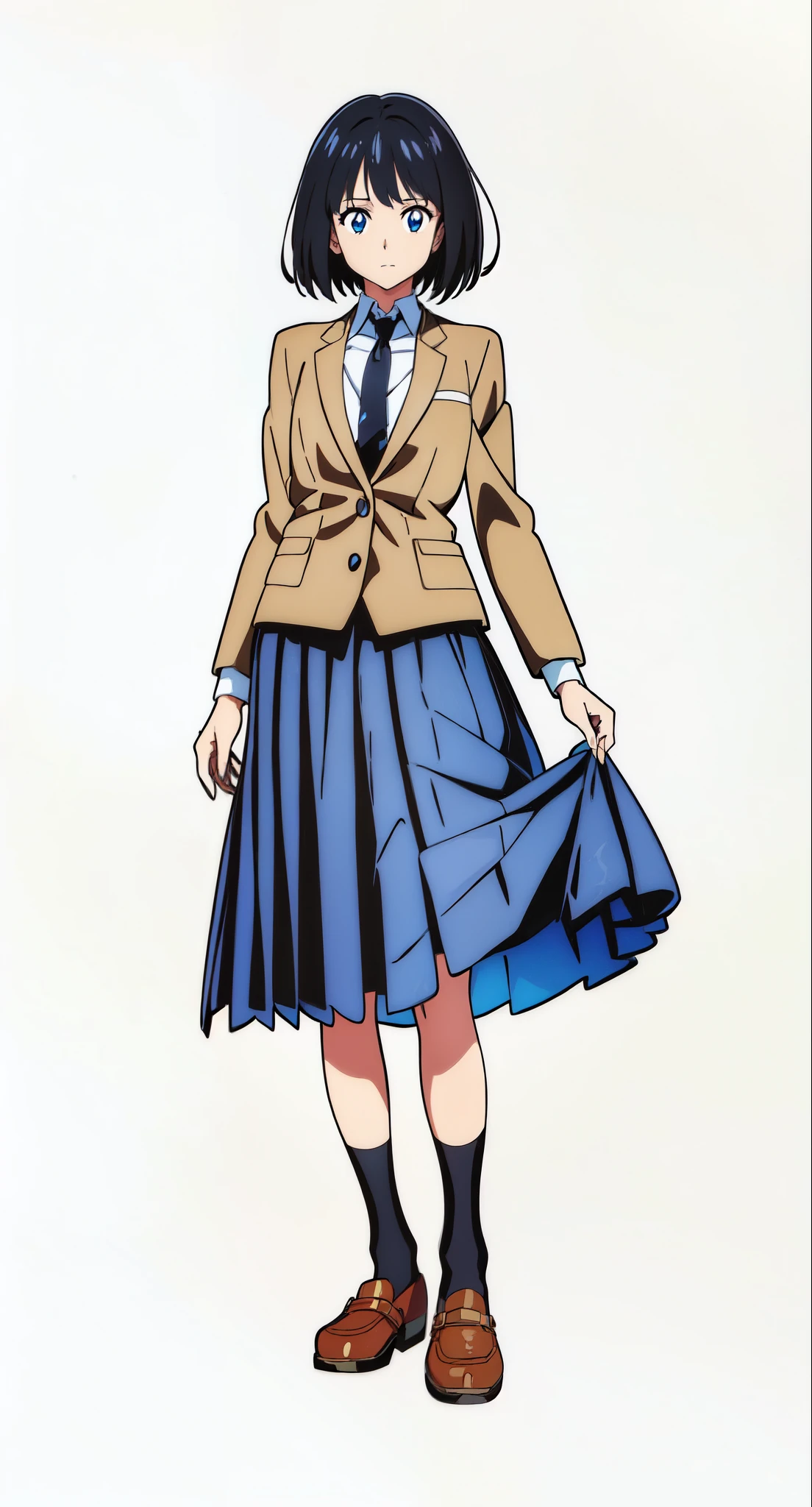 (best quality:2.0), (standing:1.5), (looking at viewer:1.5), (white background:1.0), (anime:2.0), (official art:2.0), (best quality:2.0), (masterpiece:1.0), (full body:1.0), (solo:1.0), (a 18yo cute girl:1.0), (long skirt:1.0), (dark blue skirt:1.0), (pleated skirt:1.0), (school uniform beige blazer:1.0), (dark blue necktie:1.0), (loafers:1.0), (black socks:1.0), (ideal ratio body proportions:1.0), (lanky:1.0), (tall:1.0), (slender:1.0), (small breasts:1.0), (smaller face:1.0), (tareme:1.5), (detailed beautiful eyes:1.5), (detailed beautiful face:1.5), (glowing black eyes:1.1), (bob cut hair:1.0), (black hair:1.0)