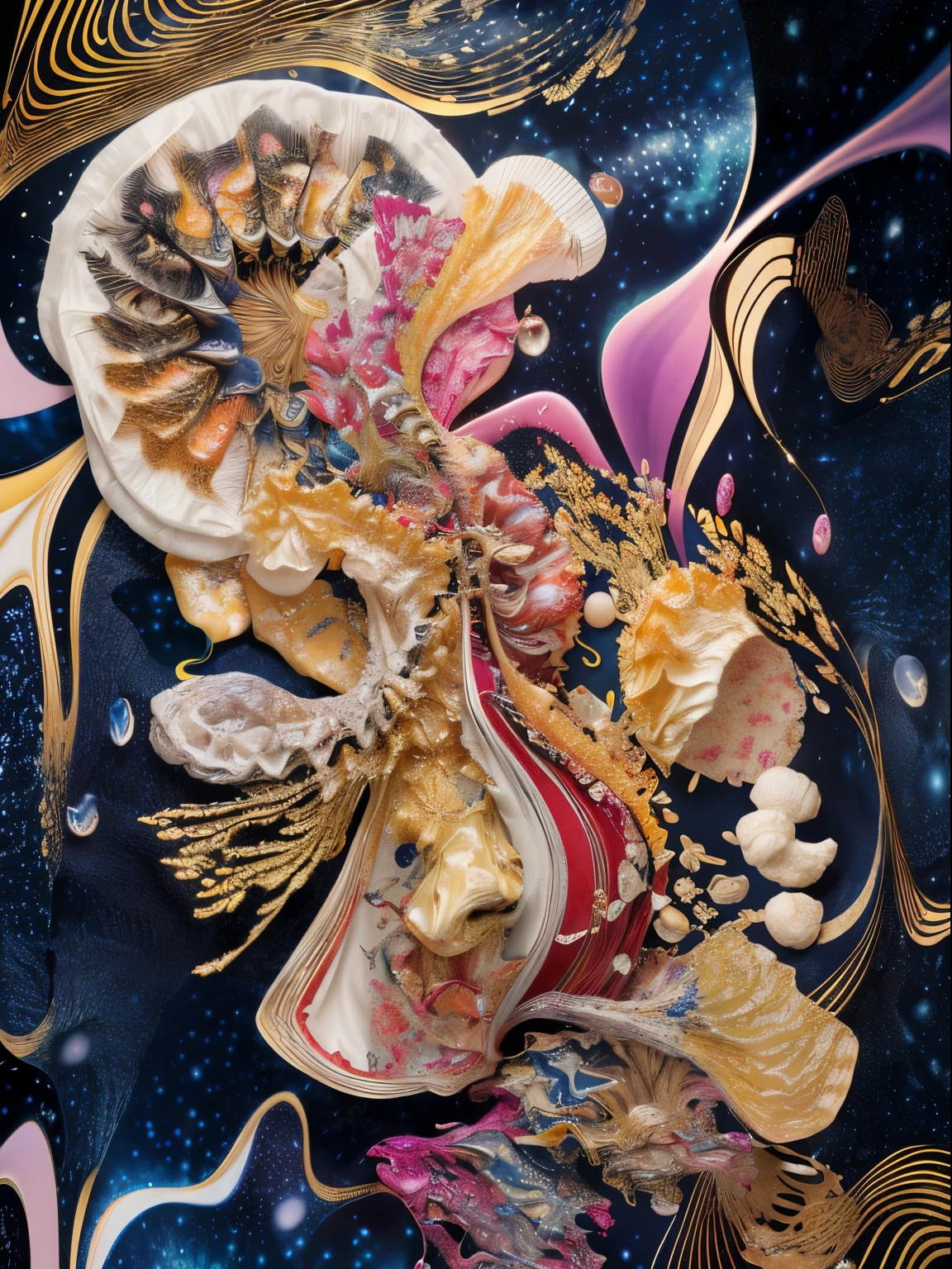 Best Quality、Realistic, (masutepiece, of the highest quality, Best Quality, Official art, Beautiful and aesthetic: 1.2), Very detailed, Fractal Art, Colorful, best detailed, (Abstract background: 1.5), earnest, Combed bag,Milky way, dream, Fantasy, High glass guardrail board with gold trim delicate meat、loimu、Flame、conceptual、