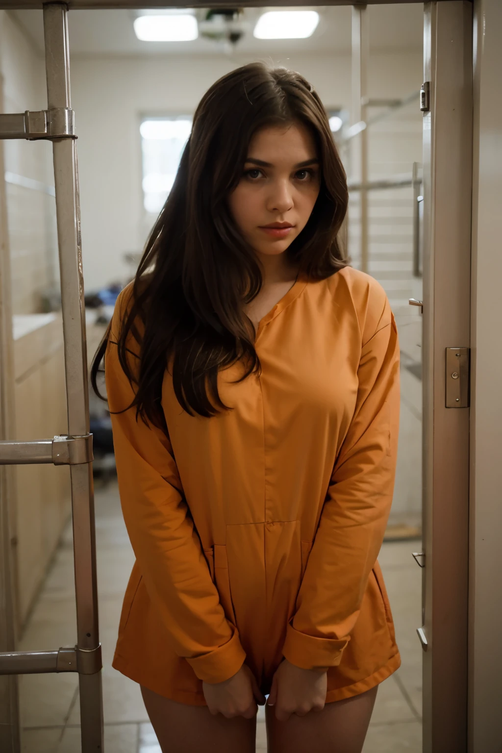 American girl in orange prison uniform behind bars