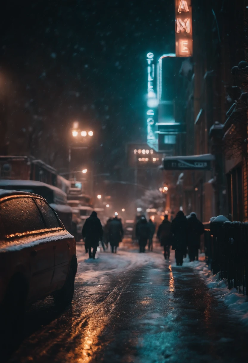 A nighttime cityscape covered in snow, with neon lights reflecting off the icy streets and creating a visually striking and energetic winter background.