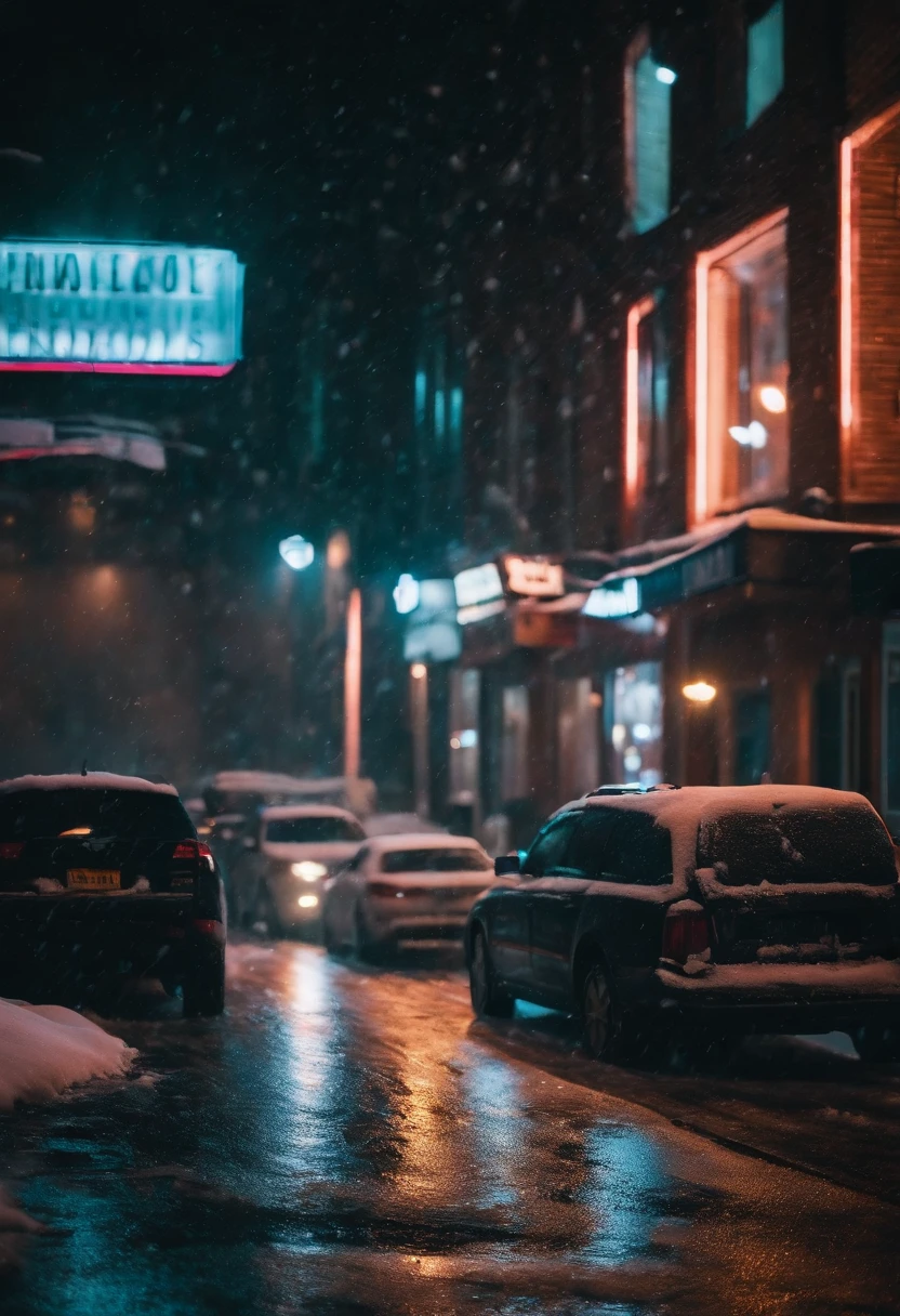 A nighttime cityscape covered in snow, with neon lights reflecting off the icy streets and creating a visually striking and energetic winter background.