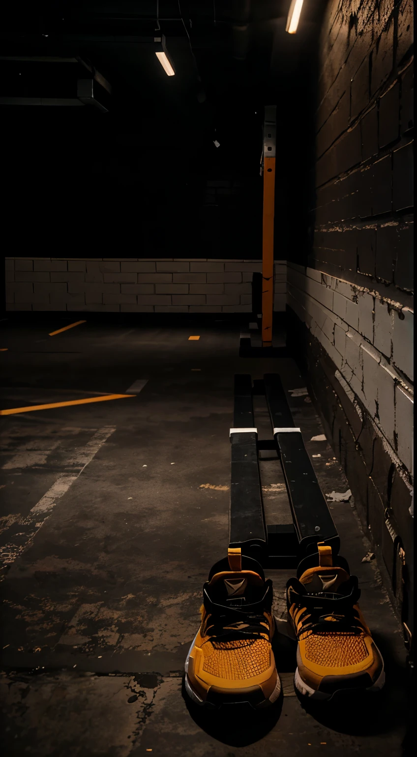Wall horizontal bar, barbell on the floor under the horizontal bar, gray brick wall, gym style, black sports rubber parquet on the floor, orange yellow lighting from the ceiling, gray brick wall, black sports rubber parquet on the floor, camera opposite the horizontal bar, barbell under the horizontal bar on the floor, lighting falls from above, cozy low light from above, a little dark