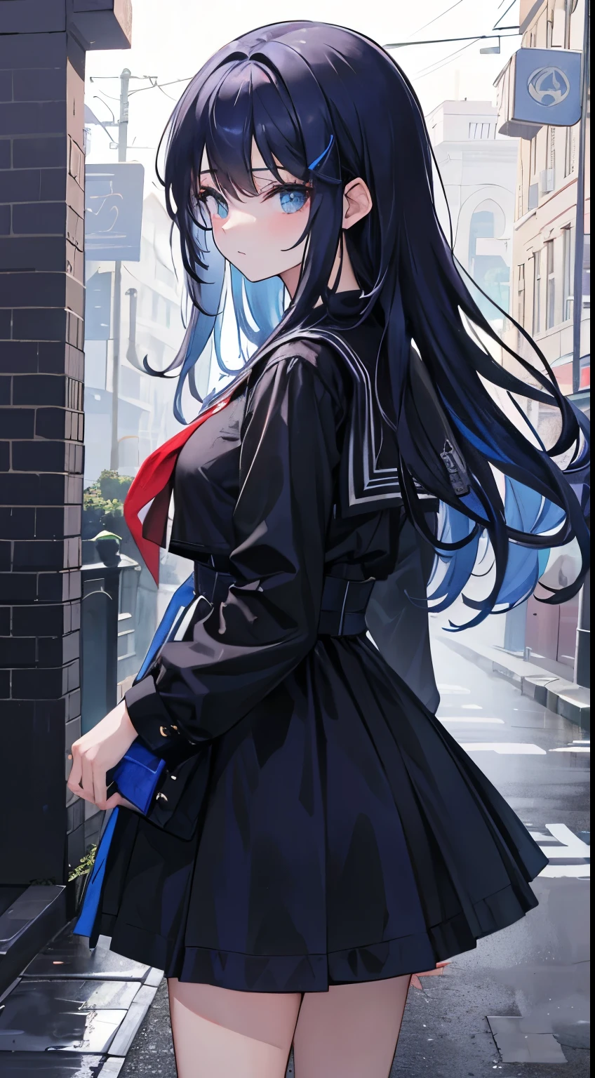 20yo girl, mirando al frente con mirada dura con sus ojos verdes esmeralda, aspecto rebelde, caminando en ciudad luminosa y silenciosa en mitad de una noche lluviosa, ambiente oscuro y opresivo, pelo despeinado por el viento, pelo recogido en una coleta, pelo de color azul oscuro, flequillo del pelo cayendole sobre el rostro, manos en los bolsillos, 8K, HD, ropa rebelde,