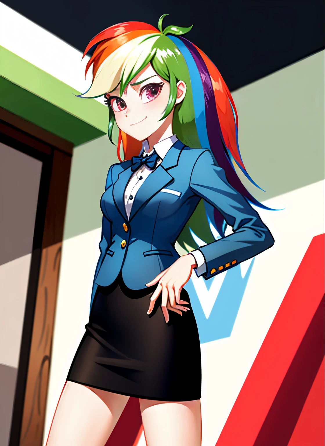 1girl, masterpiece, (detailed background), best quality, absurdres,
smirk, street, storefront, running, closed mouth, from below,
mlpdash, personification, multicolored hair, rainbow hair, colored skin, blue skin, blazer, pencil skirt, skirt suit, black high heels