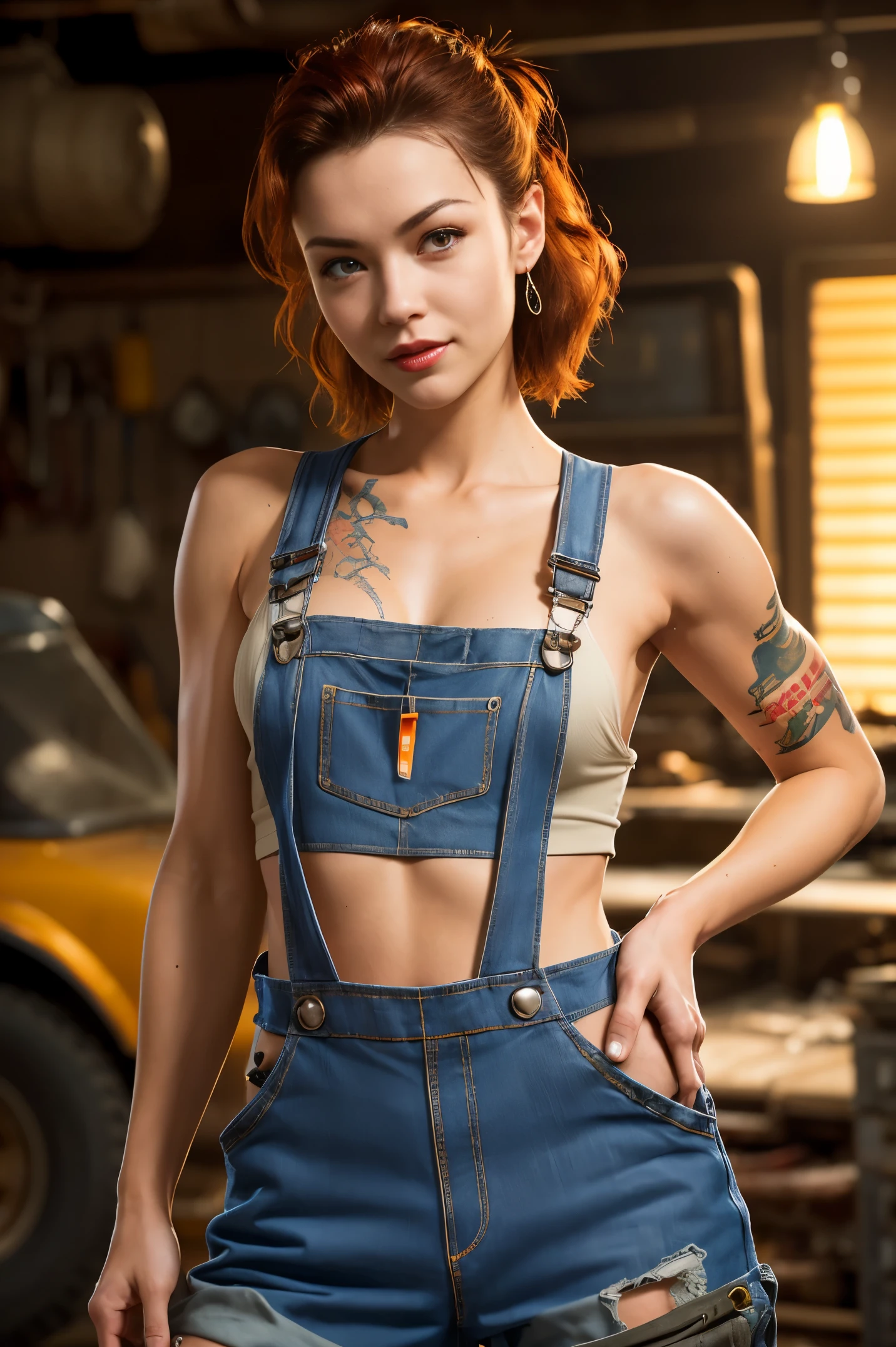 A sexy female mechanic, sexy torn mechanic overalls, bare midriff, pin-up aesthetic, high detail face, high detail skin, 8, HDR, high resolution, photo-realistic, cinematic lighting, depth of field, bokeh, rim lighting, backlit, cool colours, night