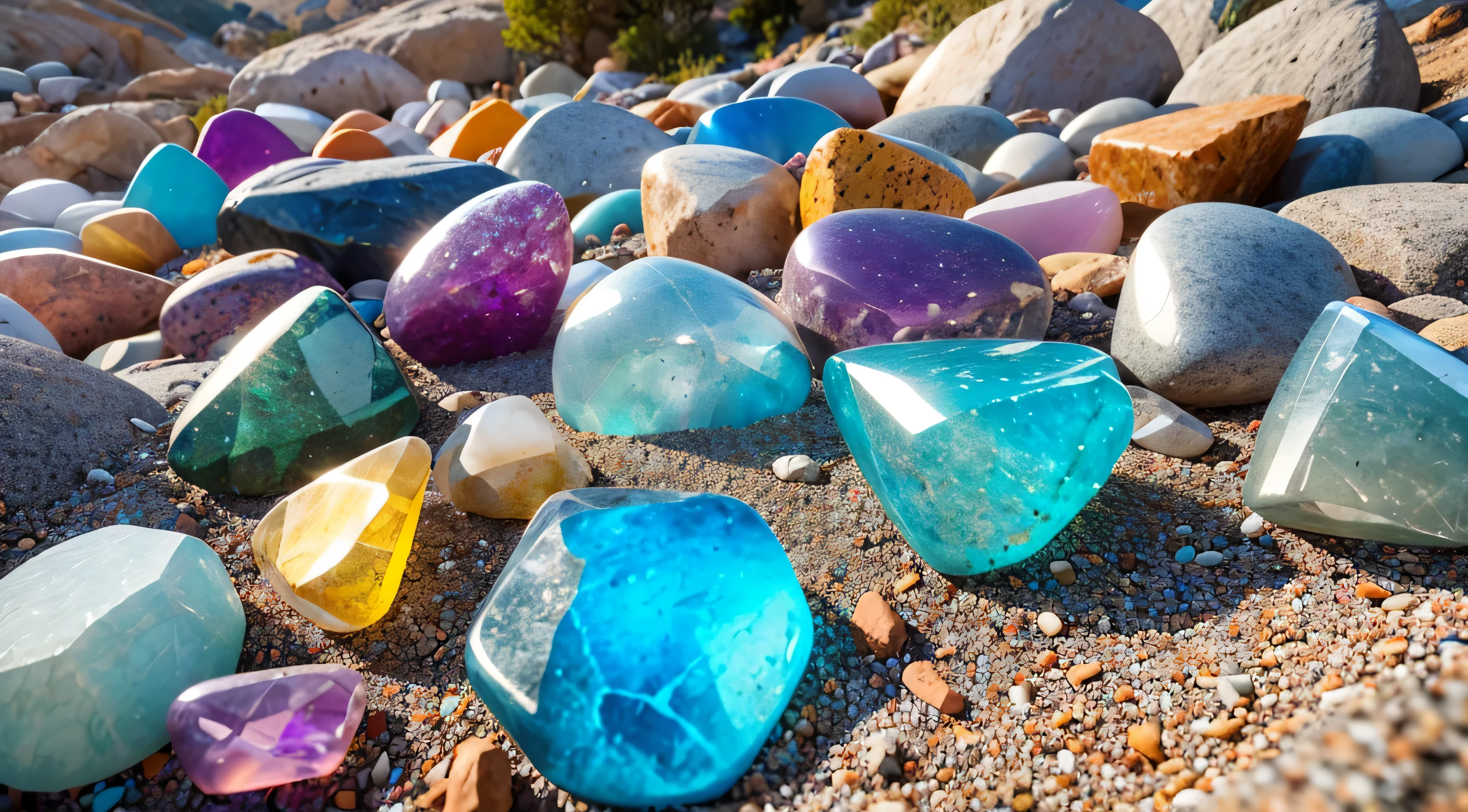 colorful quartz stones all over a valley, dimmy light, realistic, wide-angle-view, professional photography, (no one), best quality, high details