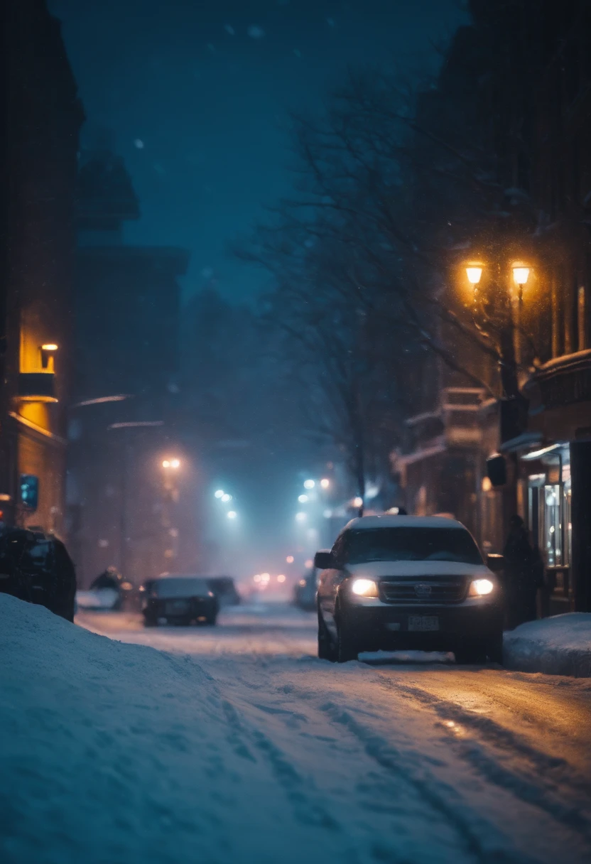 A nighttime cityscape covered in snow, with neon lights reflecting off the icy streets and creating a visually striking and energetic winter background.