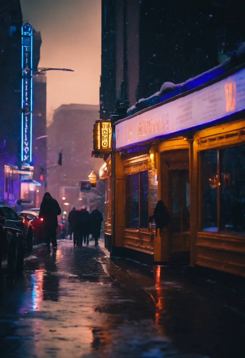 A nighttime cityscape covered in snow, with neon lights reflecting off the icy streets and creating a visually striking and energetic winter background.