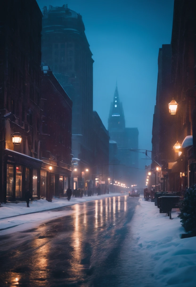 A nighttime cityscape covered in snow, with neon lights reflecting off the icy streets and creating a visually striking and energetic winter background.