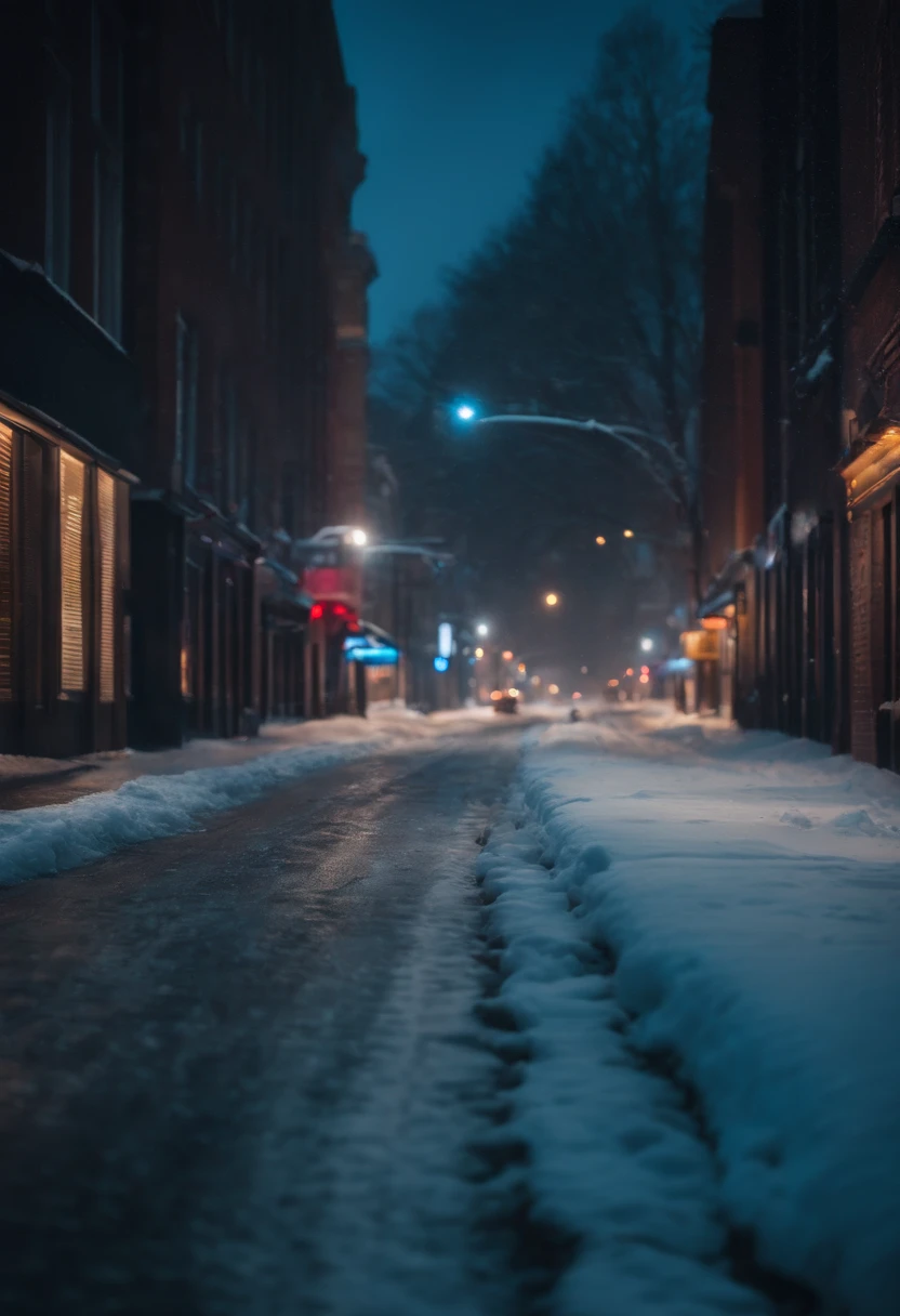 A nighttime cityscape covered in snow, with neon lights reflecting off the icy streets and creating a visually striking and energetic winter background.