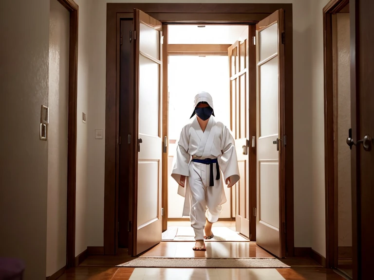 A -yeld As boy with a shaved head and bald hairstyle stands in front of a dimly lit room. A door is slightly open, revealing a bright hallway outside. He faces a man-like ninja in a white kimono, covered head to toe in white clothes, hiding his face under white fabric mask, who stands inside the room, close to him. invite him to his room, They stare at each other calmly. all of them wearing white clothes only, NSFW, male temptation, gay, attractive sex appeal, BDSM, Masturbation, erection, bondage, peeping, unexpected, secret, confrontation.