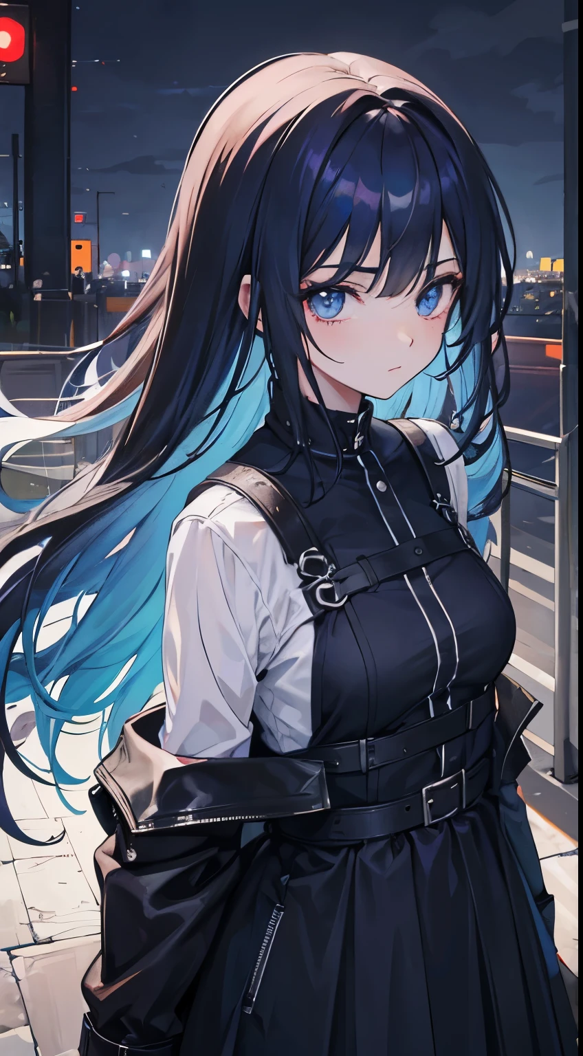 20yo girl, mirando al frente con mirada dura con sus ojos verdes esmeralda, aspecto rebelde, caminando en ciudad luminosa y silenciosa en mitad de una noche lluviosa, ambiente oscuro y opresivo, pelo despeinado por el viento, pelo recogido en una coleta, pelo de color azul oscuro, flequillo del pelo cayendole sobre el rostro, manos en los bolsillos, 8K, HD, ropa rebelde,