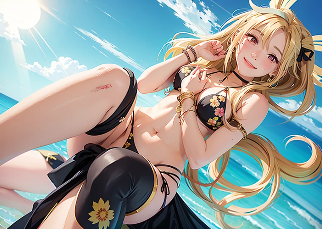 marinlora, 1girl, long hair, blush, smile, blonde hair, large breasts, navel, cleavage, jewelry, swimsuit, bikini, earrings, choker, indoors, bracelet, black bikini, side-tie bikini bottom, halterneck, black choker, piercing, floral print, ear piercing, string bikini, print bikini,