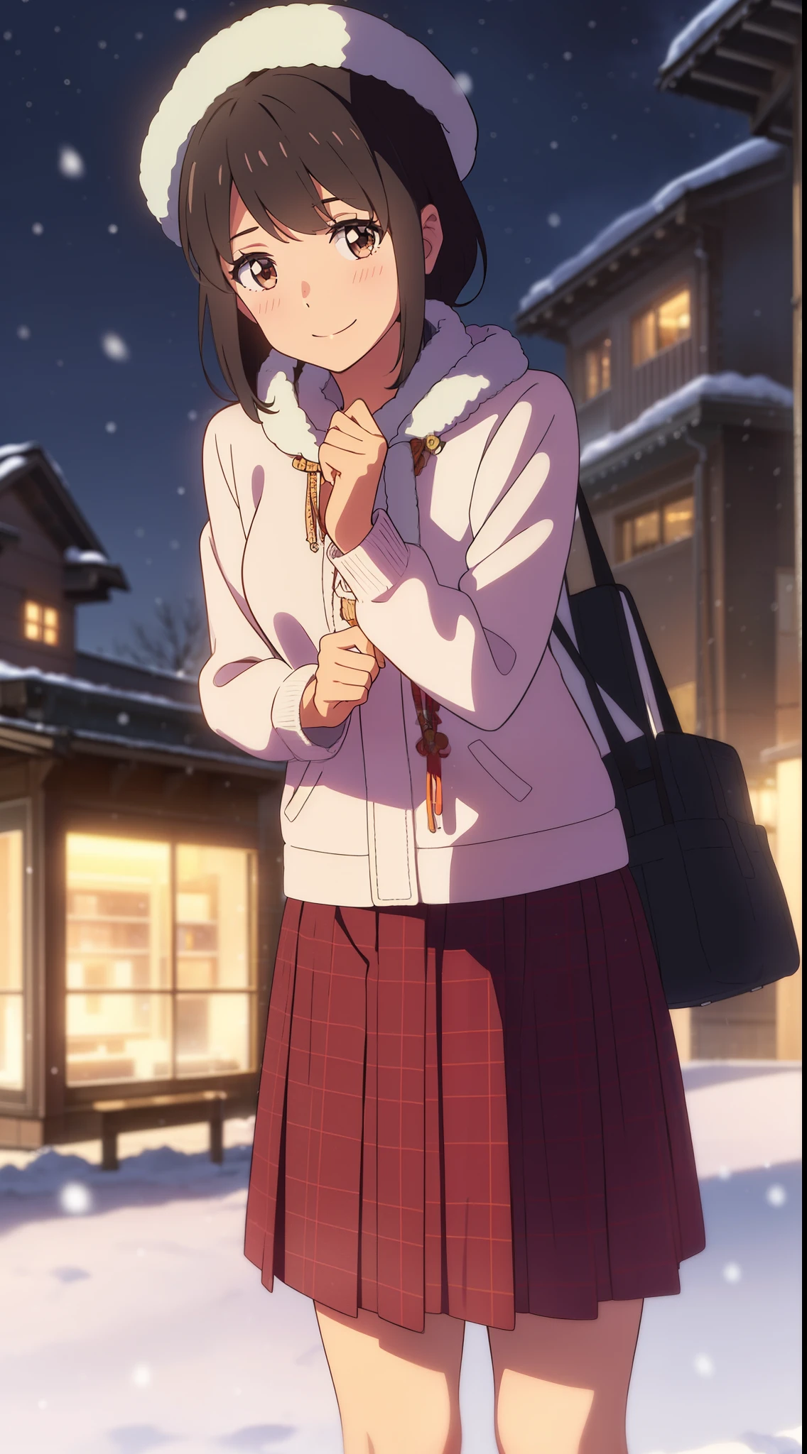 shinkai makoto, kimi no na wa., 1girl, bangs, black hair, blush, bright eyes, brown eyes, red bow, red ribbon, short hair, shiny skin, cute, beautiful, perfect body, perfect hands, winter clothes, long coats, sweater, shirt, knit hat, gloves, skirt, plaid skirt, looking at the viewer, winter snow, snowfall, night, outdoor, city buildings, crowd, city lights, sly smile, graceful, prestigious, glorious, elegant