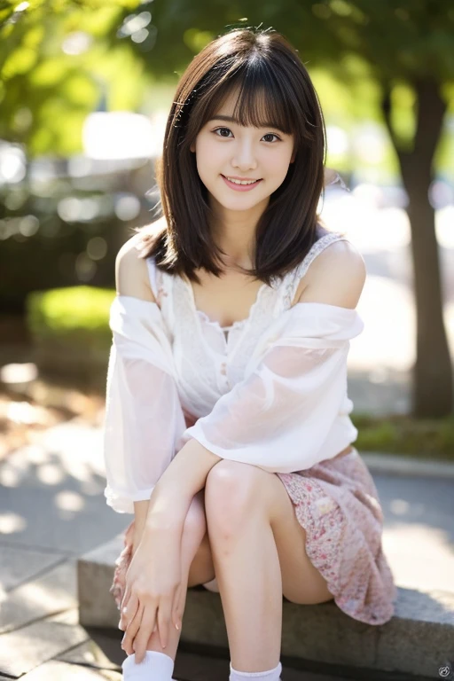 (((masterpiece))), (((Full body photo))), (One beautiful Japan girl, Innocence,kawaii,adorable 14 year old girl) ,超A high resolution, Realistic, ultra-detailliert, 8K,top-quality, Extremely detailed, Detailed background,A slender,very beautiful japanese girl, (Detailed face:1.3), (Bery short hair,Fluffy hairstyle,A dark-haired :1.4), (a baby face,kawaii系,), (Perfect body:1.1), (Camisole,Light mini skirt),innocent smiles,Show your beautiful teeth,((beautiful thigh,Small)),Adorable pose is attractive,Super Detailed Face、Detailed lips、A detailed eye、small junior gravure idol,Transparent skin、Lori,Photorealistic:1.37,no-makeup,Hot summer sunshine,In the city during the day,traffic jam