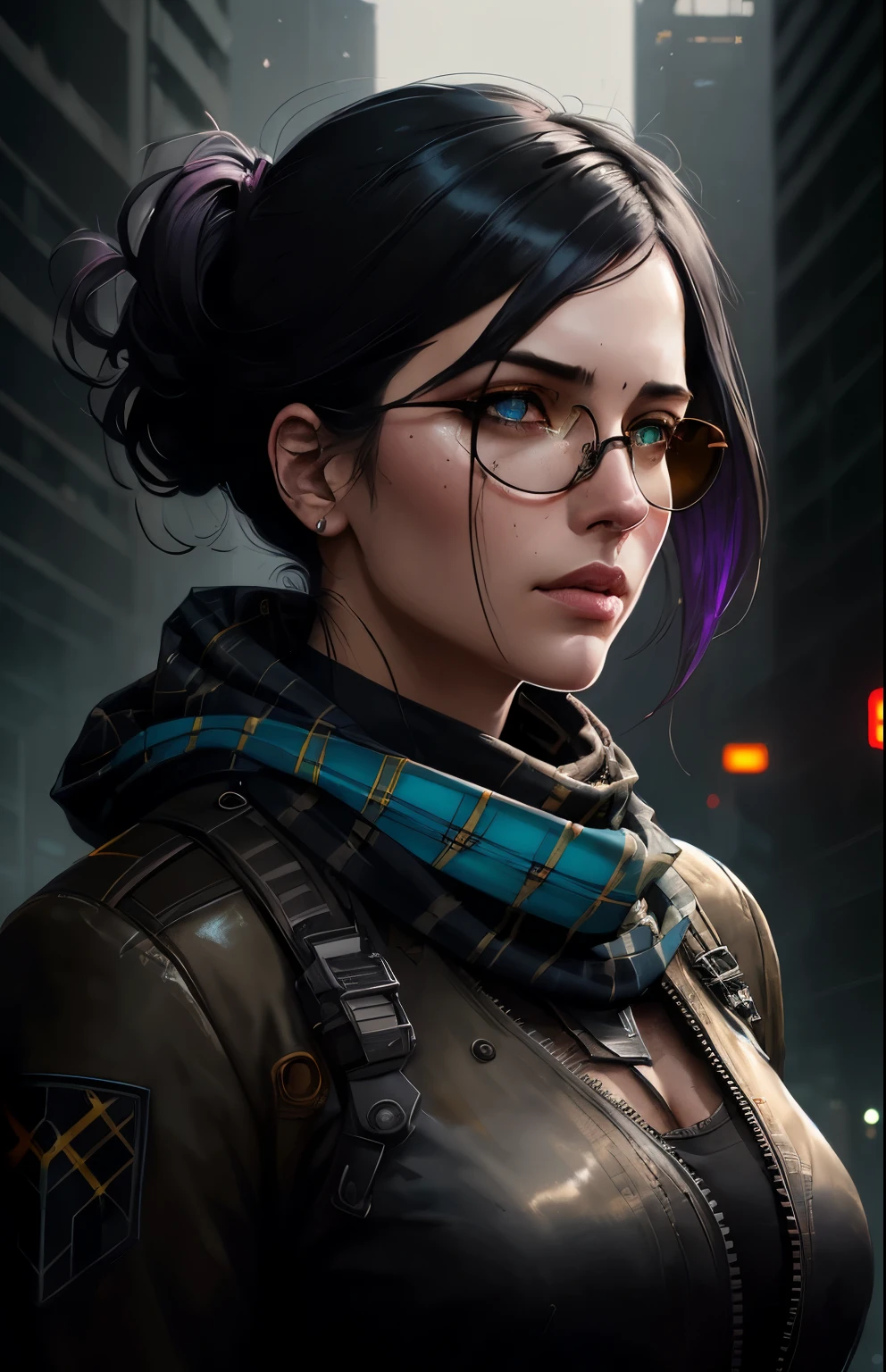 (dark shot:1.1), epic realistic, portrait of halo, sunglasses, blue eyes, tartan scarf, white hair by atey ghailan, by greg rutkowski, by greg tocchini, by james gilleard, by joe fenton, by kaethe butcher, gradient yellow, black, brown and magenta color scheme, grunge aesthetic!!! graffiti tag wall background, art by greg rutkowski and artgerm, soft cinematic light, adobe lightroom, photolab, hdr, intricate, highly detailed, (depth of field:1.4), faded, (neutral colors:1.2), (hdr:1.4), (muted colors:1.2), hyperdetailed, (artstation:1.4), cinematic, warm lights, dramatic light, (intricate details:1.1), complex background, (rutkowski:0.66), (teal and orange:0.4)