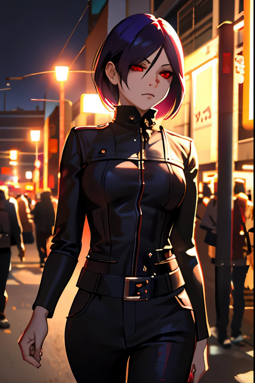 (best quality, masterpiece:1.2), ultra-detailed, realistic, Tokyo Ghoul, Kirishima Touka, vibrant colors, dark atmosphere, intense expression, beautiful detailed eyes, fierce and determined appearance, distinctive red eyes, short purple hair, black outfit, ghoul mask, powerful aura, stylish urban setting, dynamic pose, captivating gaze, urban landscape, bustling streets of Tokyo, city lights, shadows and highlights, energy and intensity, supernatural abilities, mysterious and captivating, balanced composition, urban fantasy, action-packed scene, thriller, iconic character, anime art style, dark fantasy world.