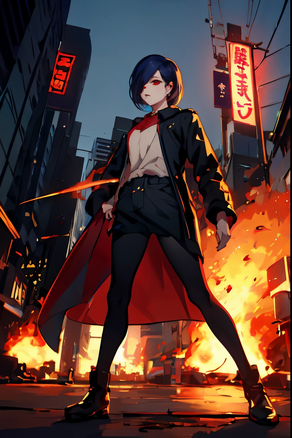 masterpiece;tokyo ghoul;Kirishima Touka;supreme quality,master creation,city of Japan,full body,looking at viewer,halas,ghoul power,red eyes,girl1,