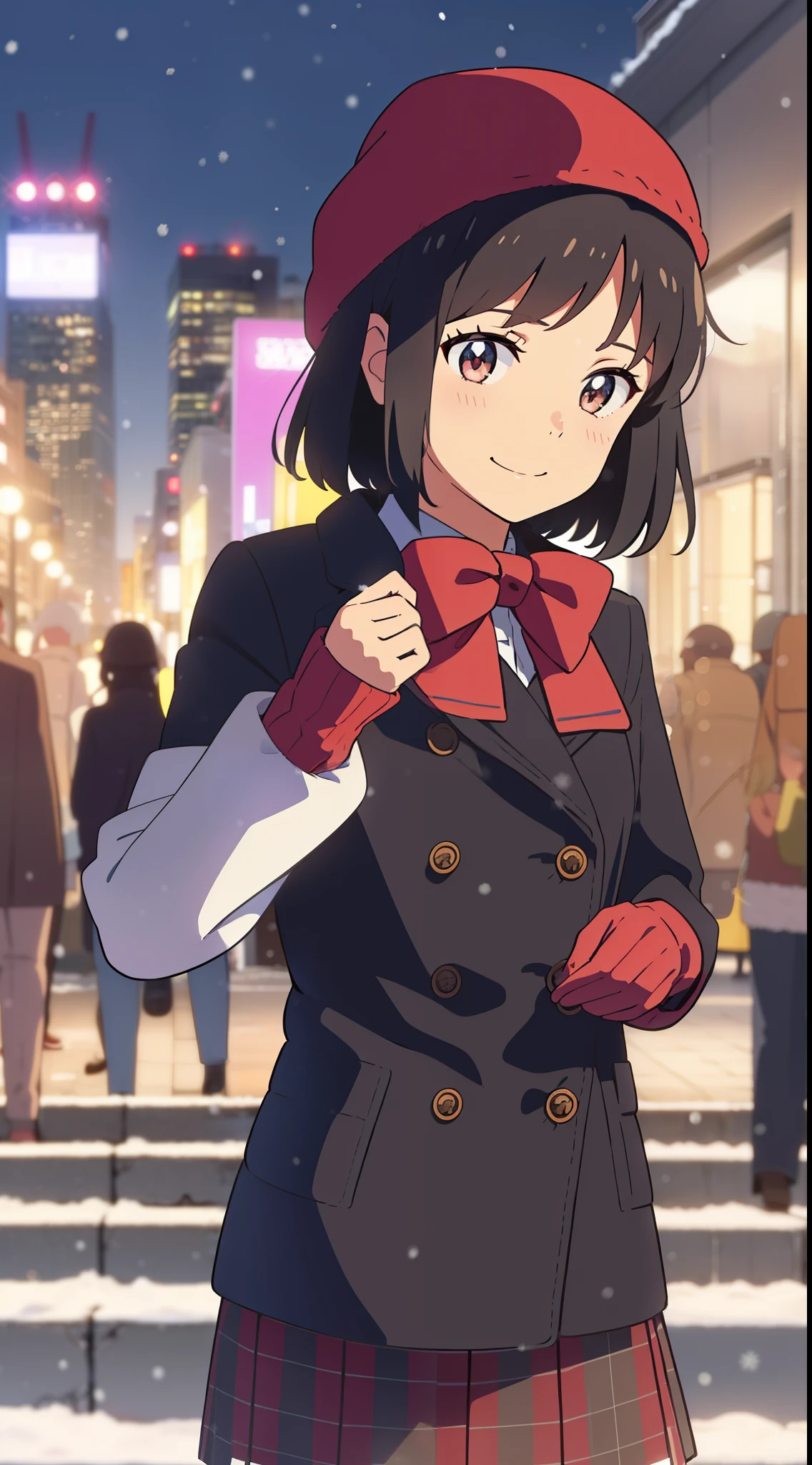 shinkai makoto, kimi no na wa., 1girl, bangs, black hair, blush, bright eyes, brown eyes, red bow, red ribbon, short hair, shiny skin, cute, beautiful, perfect body, perfect hands, winter clothes, long coats, sweater, shirt, knit hat, gloves, skirt, plaid skirt, looking at the viewer, winter snow, snowfall, night, outdoor, city buildings, crowd, city lights, sly smile, graceful, prestigious, glorious, elegant