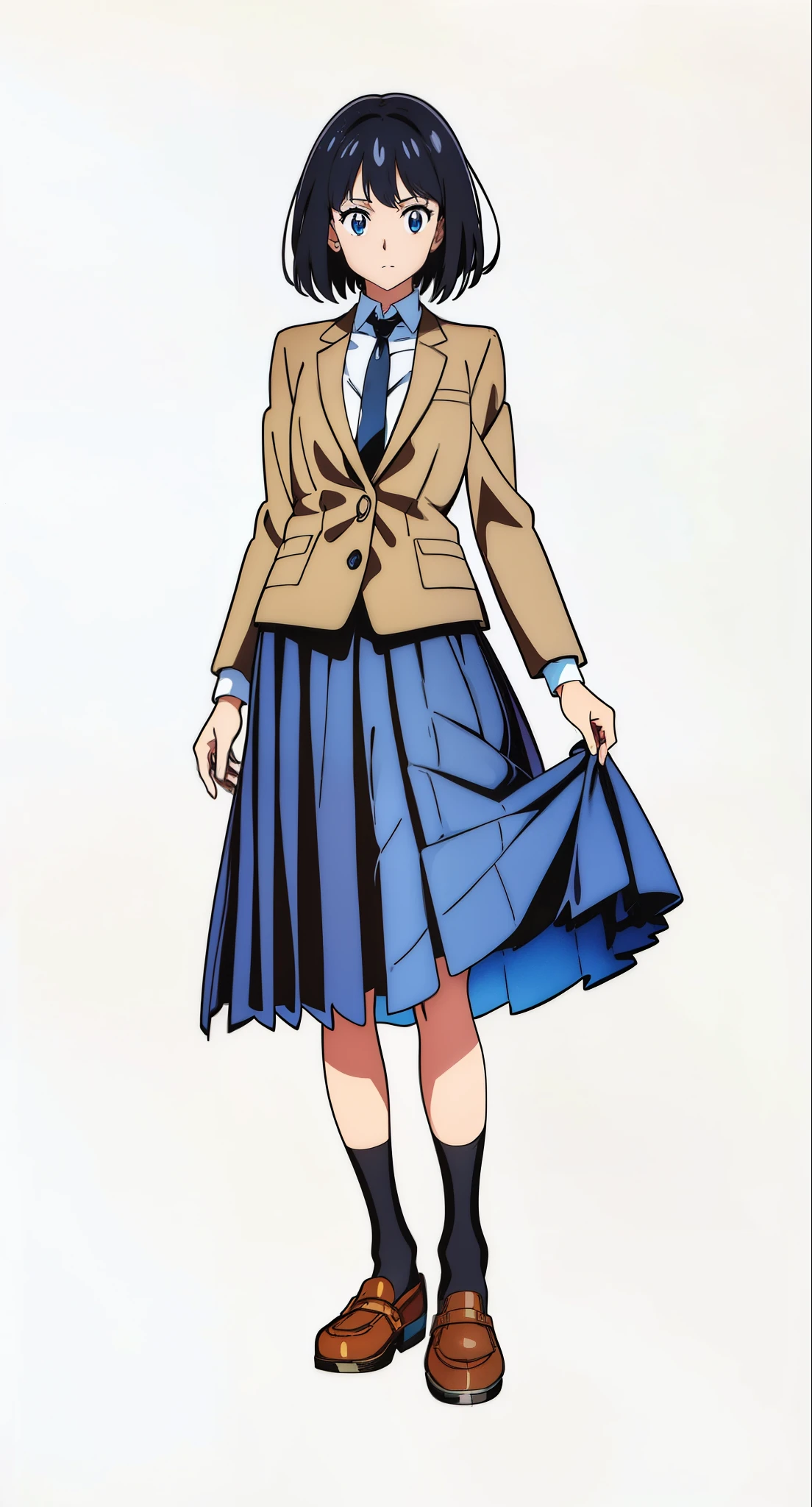 (best quality:2.0), (tareme:1.5), (standing:1.5), (looking at viewer:1.5), (white background:1.0), (anime:2.0), (official art:2.0), (best quality:2.0), (masterpiece:1.0), (full body:1.0), (solo:1.0), (a 18yo cute girl:1.0), (long skirt:1.0), (dark blue skirt:1.0), (pleated skirt:1.0), (school uniform beige blazer:1.0), (dark blue necktie:1.0), (loafers:1.0), (black socks:1.0), (ideal ratio body proportions:1.0), (lanky:1.0), (tall:1.0), (slender:1.0), (small breasts:1.0), (smaller face:1.0), (tareme:1.5), (detailed beautiful eyes:1.5), (detailed beautiful face:1.5), (glowing black eyes:1.1), (bob cut hair:1.0), (black hair:1.0)