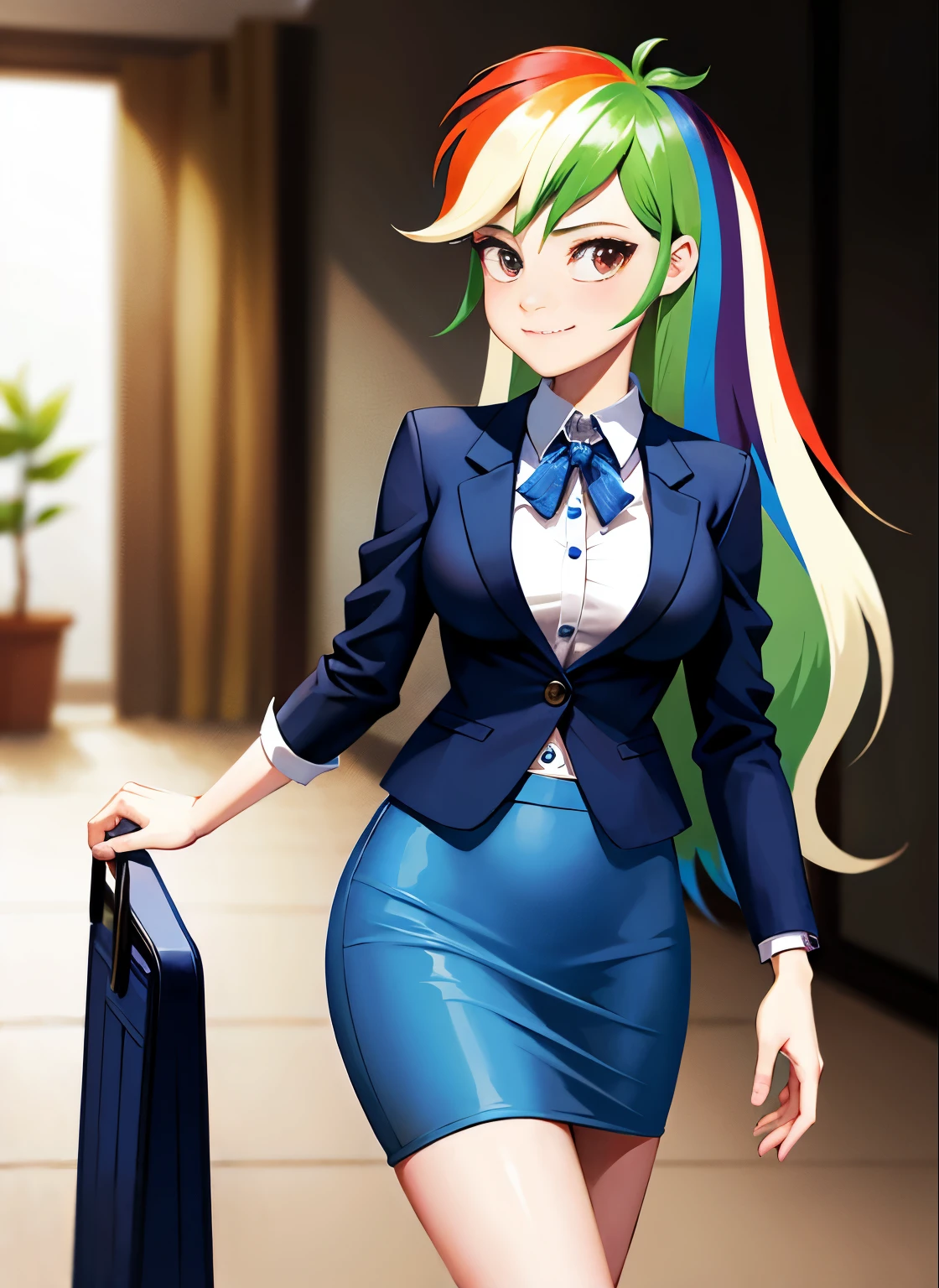 1girl, masterpiece, (detailed background), best quality, absurdres,
smirk, office, walking, closed mouth,
mlpdash, personification, multicolored hair, rainbow hair, colored skin, blue skin, businesswoman, blazer, pencil skirt, skirt suit, bare legs, black high heels, full body