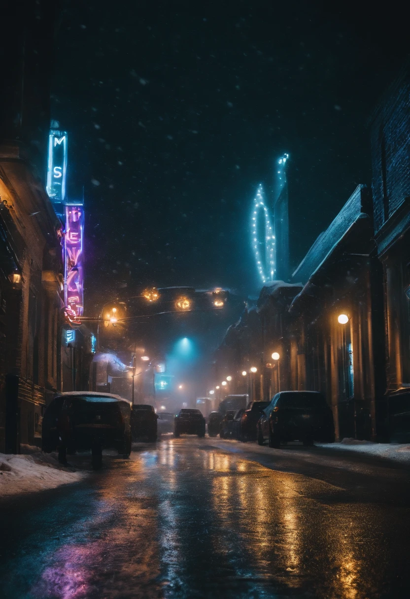 A nighttime cityscape covered in snow, with neon lights reflecting off the icy streets and creating a visually striking and energetic winter background.