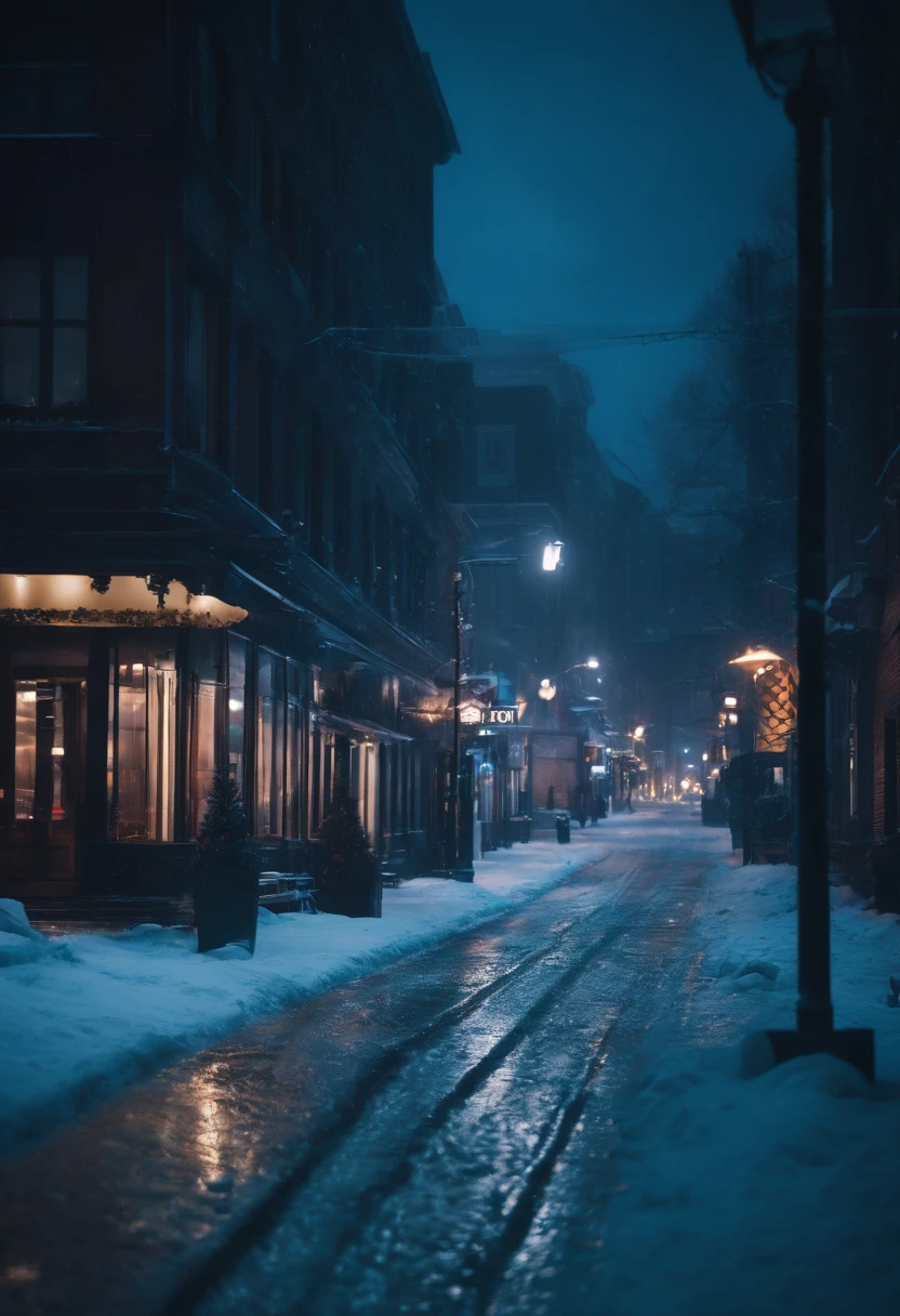 A nighttime cityscape covered in snow, with neon lights reflecting off the icy streets and creating a visually striking and energetic winter background.