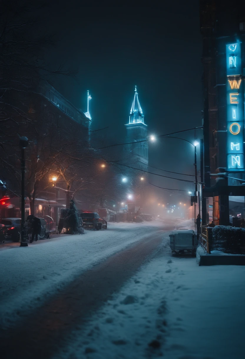 A nighttime cityscape covered in snow, with neon lights reflecting off the icy streets and creating a visually striking and energetic winter background.