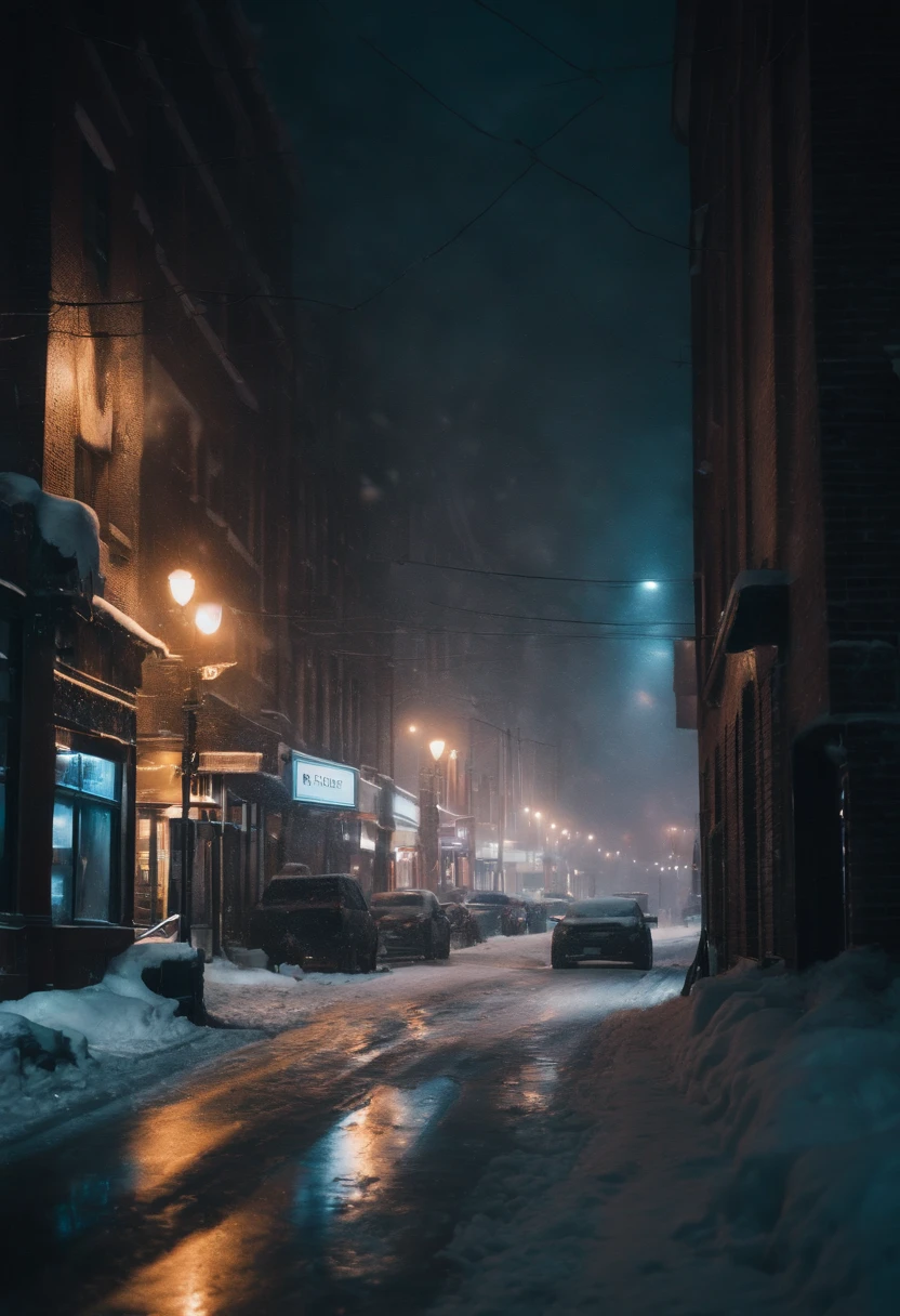 A nighttime cityscape covered in snow, with neon lights reflecting off the icy streets and creating a visually striking and energetic winter background.