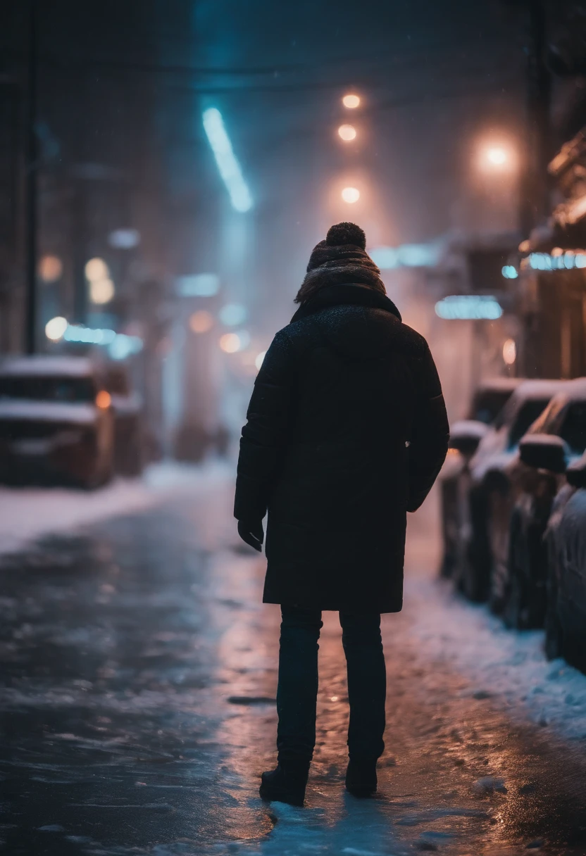 A nighttime cityscape covered in snow, with neon lights reflecting off the icy streets and creating a visually striking and energetic winter background.