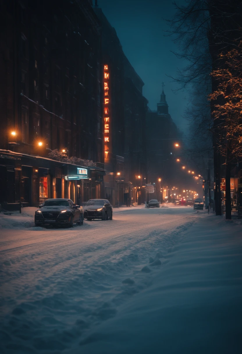 A nighttime cityscape covered in snow, with neon lights reflecting off the icy streets and creating a visually striking and energetic winter background.
