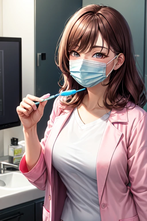 Dental Hygienist　Pink lab coat　I have a toothbrush　Beautie　Hair color is brown　the mask is pink