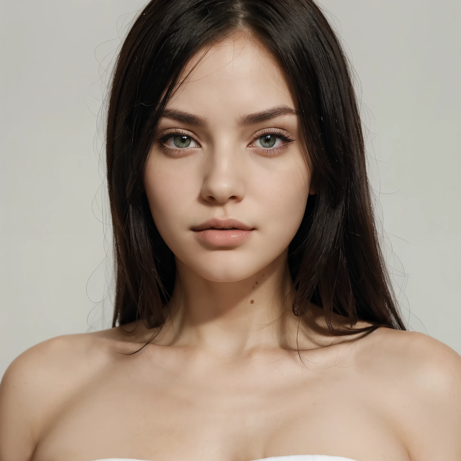 woman, white skin, green eyes, red and black hair like ombre, lip structure that is not too thin or too thick, white background, not nsfw