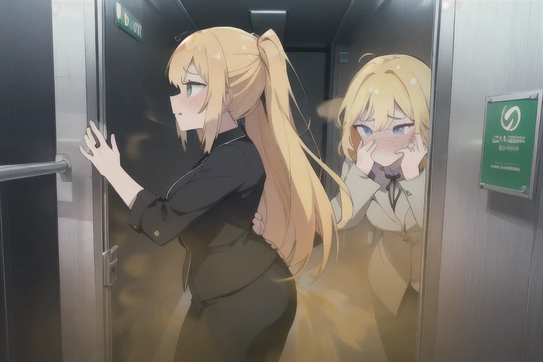((Side view)),Yellow smoke,((Attacked by a farting office worker who attacks with farts)),((Hip attack in the elevator)),velocity,, (Yellow smoke is rising ),((Hip Attack)),((don't face me)),masterpiece:1.2、top-quality)、(the Extremely Detailed CG Unity 8K Wallpapers、ultra-detailliert、Best Shadows)、(细致背景)、(The best lighting、extremely delicate and beautiful)、depth of fields,((Girl fart)),(((two womens..))),(((OL attacks OL's face attack+Hip Attack....))), ((two women smell a bad odor、Both women must cover their noses and faces...)),Girl fart,((Female smell、react to bad odor)),elevator,(Cute eyes and shy expression)