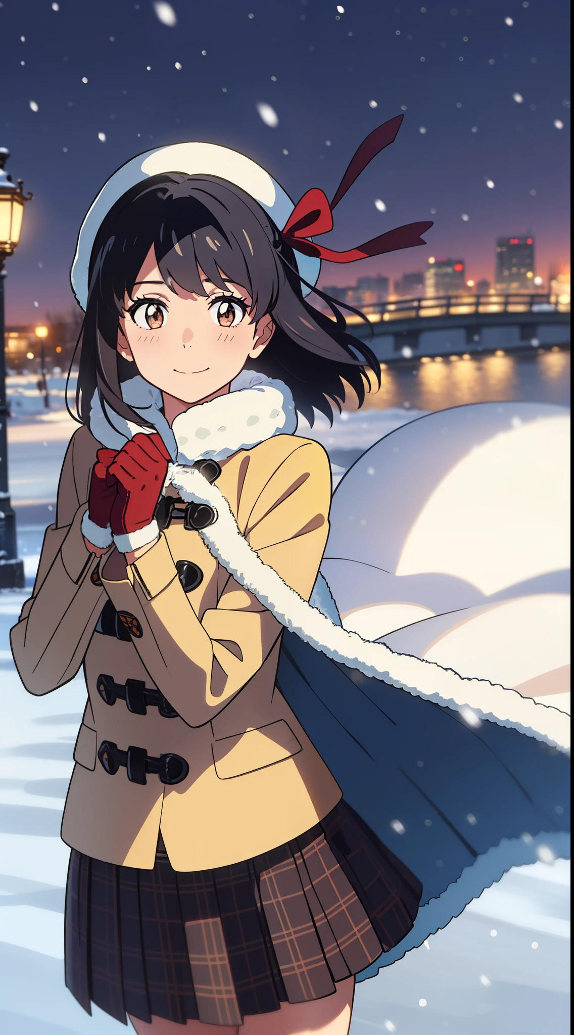 shinkai makoto, kimi no na wa., 1girl, bangs, black hair, blush, bright eyes, brown eyes, red bow, red ribbon, short hair, shiny skin, cute, beautiful, perfect body, perfect hands, winter clothes, long coats, sweater, shirt, knit hat, gloves, skirt, plaid skirt, looking at the viewer, winter snow, snowfall, the wind blows, night, outdoor, city buildings, crowd, city lights, sly smile, graceful, prestigious, glorious, elegant