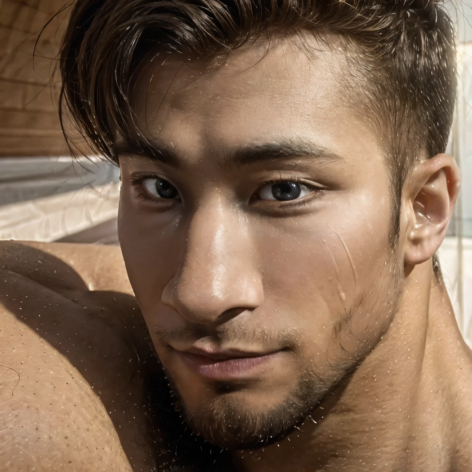 2 very realistic, low angle, best of the best, high quality, SLR Two handsome Korean men. Their names are Ken and Tak. Ken male is very handsome, single, short hair, muscular, and has a long thick cock bobbing up and down on the bed while lifting his legs and also opening his asshole. Tak is a male, very big, muscular, big, short hair, slightly dark skinned. The man is putting his long, thick cock into the butt hole of one of the men whose butt hole is open. It looks very comfortable. Tak ejaculates and white liquid is coming out of Ken's asshole. There is a lot of white fluid coming out of the head of Ken's cock.