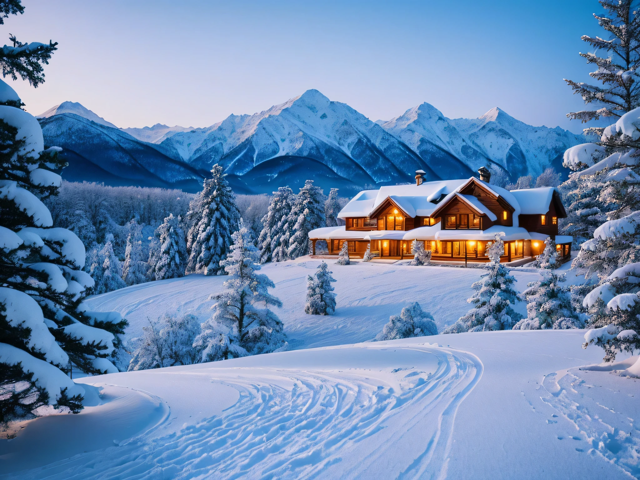 landscape photo with snow, fine details, photorealistic, soft lighting, high quality, beautiful view, serene photo, house