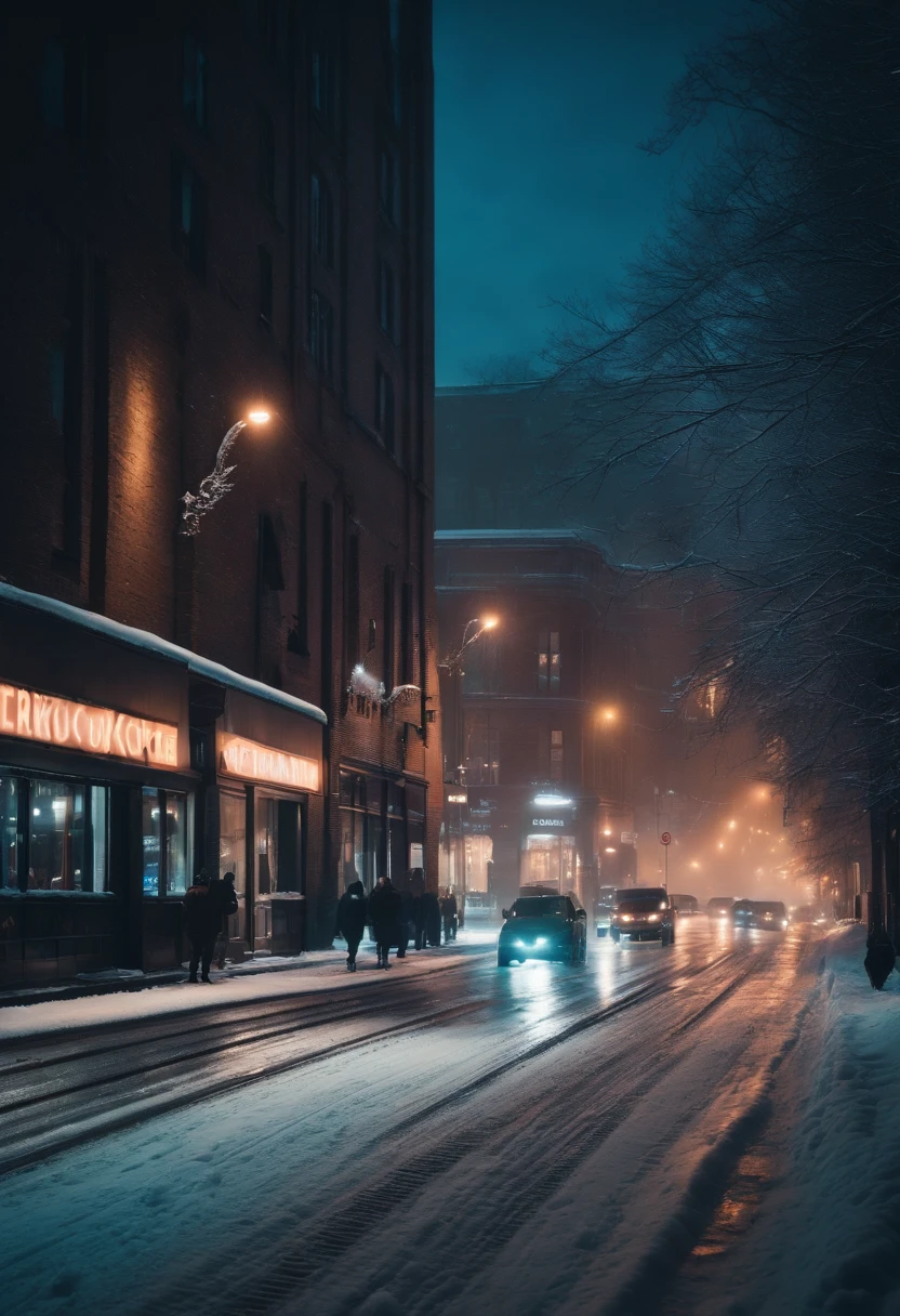 A nighttime cityscape covered in snow, with neon lights reflecting off the icy streets and creating a visually striking and energetic winter background.