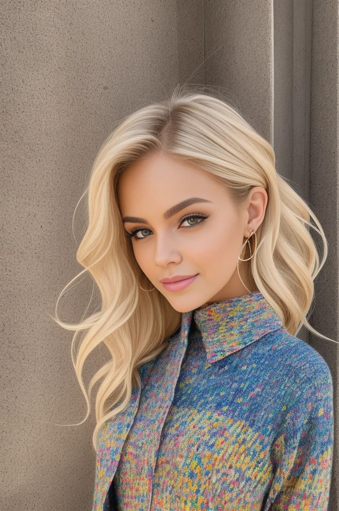 Uma jovem modelo feminina de cabelos compridos, Corpo ocupado, happy expression, distance, longos cabelos loiros, blonde hair, foto de corpo inteiro, Jaqueta jeans, umbigo exposto, riso, fundo minimalista vazio, luz suave, pele brilhante, super grande angular, best quality, super high resolution