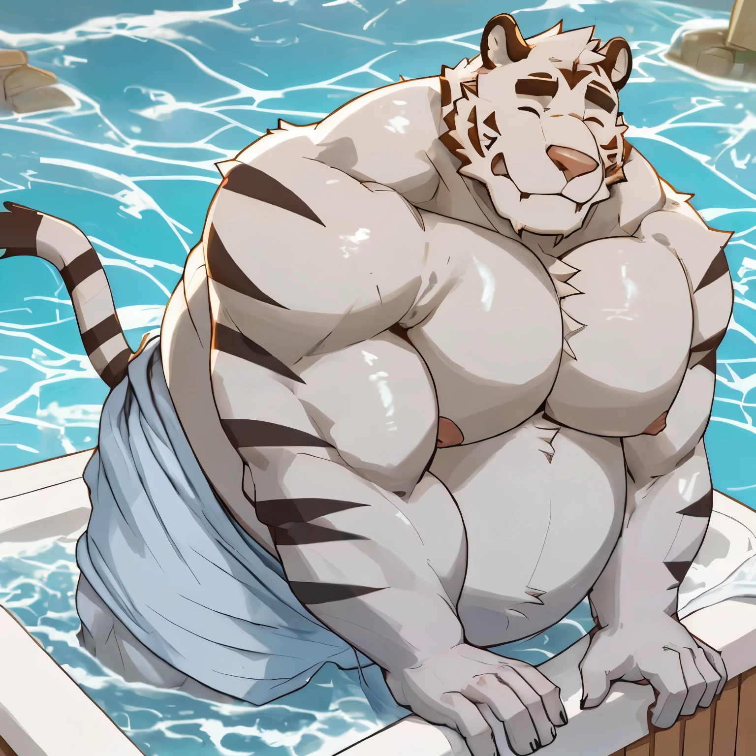 axel cosmas , solo, towel around waist, plump, huge, bath background, nipples, big fat belly, big ass, eyes shut, bending over, 5 fingers, musclegut body, lineart, normal eyes, wet body, macro body, massive body, huge pecs, very wide,