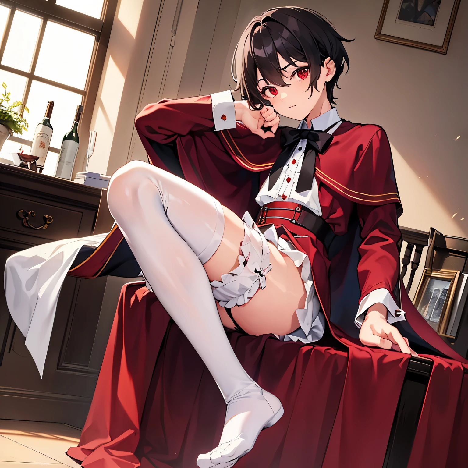 masterpiece,beautiful lighting,1boy,((((male focus)))),black hair,red eye, hairs between eyes, white shirt,bottle neck,ong cuffs,Bordeaux capelet,white ruffle,black waspie,garter shorts,black over knee socks,Bordeaux chukka boots,