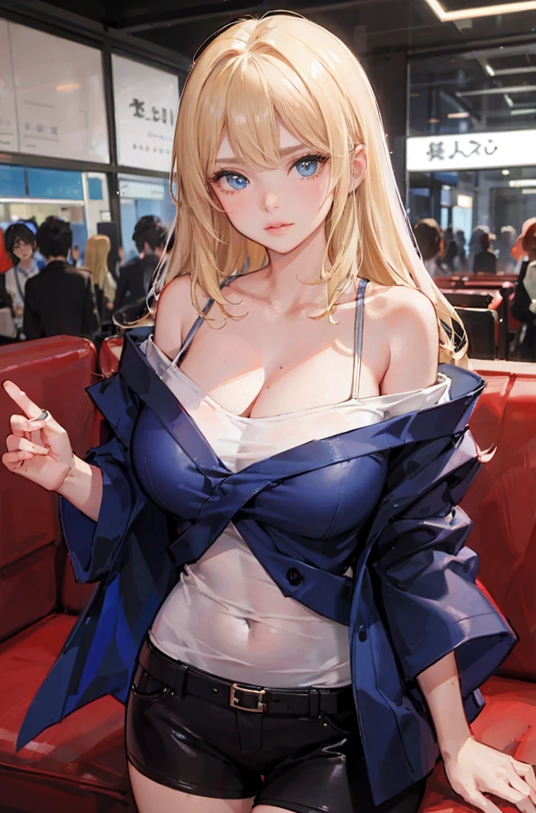 1girl, NSFW, master part, best quality, slender girl with Corpo da ampulheta and massive breasts, sozinho, Bonito, fofo, ((garota usa roupa moderna, Saia Curta, very Saia Curta, calcinha exposta, blusa off shoulder, blusa sexy)), clivagem, ((blond cabelos longos, cabelos loiros, cabelos longos, Indigo blue highlights)), - Indigo Blue Eyes, Olhos detalhados, Olhos bonitos, Olhos Delicados, ((Corpo da ampulheta, )), anatomia correta, membros corretos, ((massive breasts, seios grandes)), juicy lips, pouty lips, [Antecedentes detalhados (Tokyo City, Japan)]