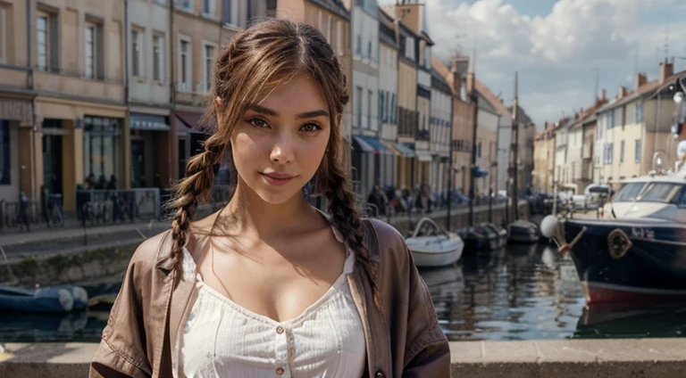 une femme aux cheveux bruns ,:: ,:: madison beer, streaming, pigtail, photoréaliste - h 6 4 0, 🎀 🧟 🍓 🧚, tu vois, live2d, ressemble à laura barriales, —ar 16:9, Sam Nassour, 5 0 s, incroyablement mignon,plan de la tête au pied , sourcils droits, avec un grand sourire, elle porte une longue veste  de couleur marron et mauve  , dans un port