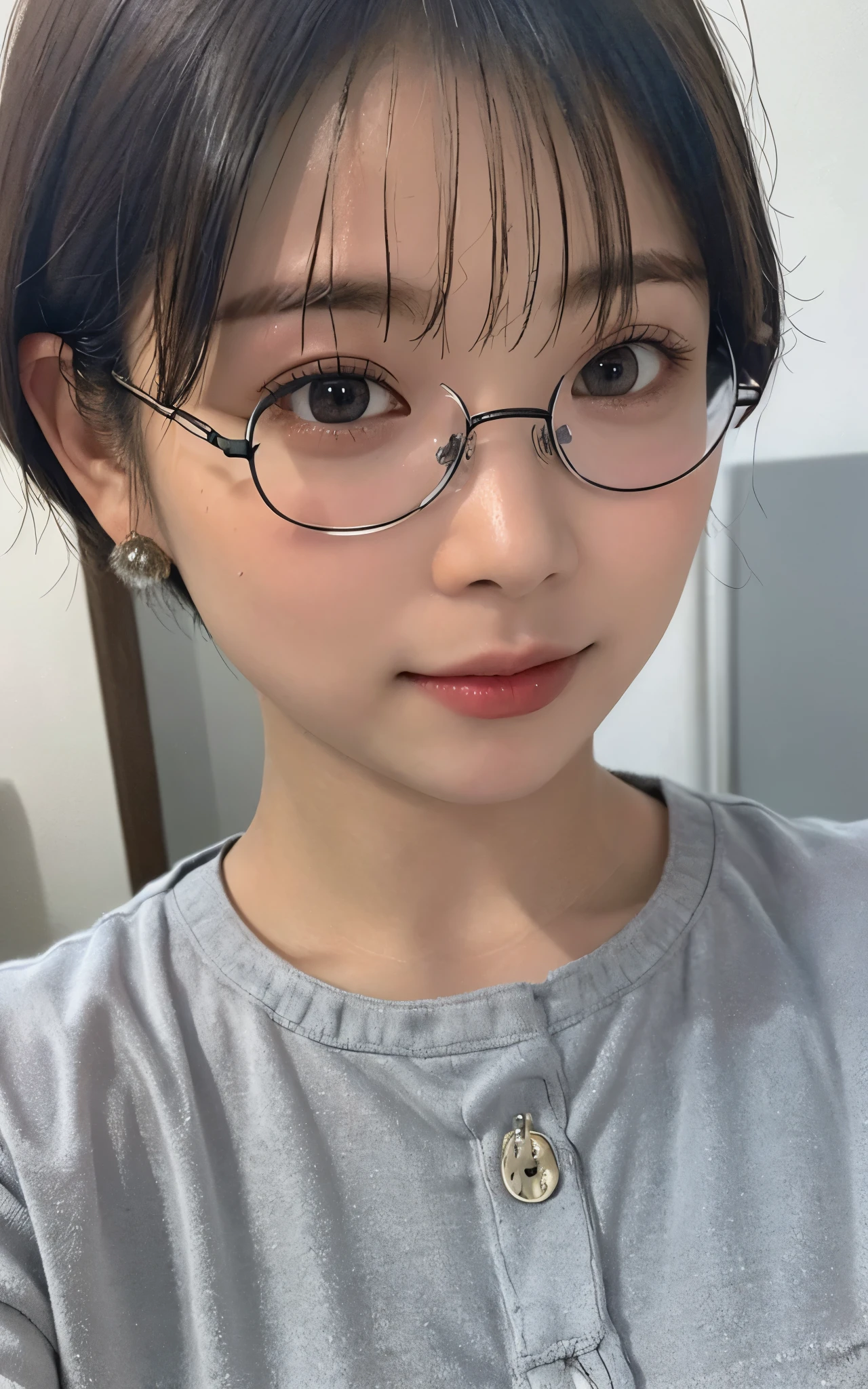 masutepiece, Best Quality, Illustration, Ultra-detailed, finely detail, high resolution, 8K Wallpaper, Perfect dynamic composition, a bit chubby:0.3, 1 beautiful girl, glasses, ((close up:1.3, looking at viewer)), Beautiful detailed eyes, (wearing black t-shirts, short bob-hair, color base on white black),