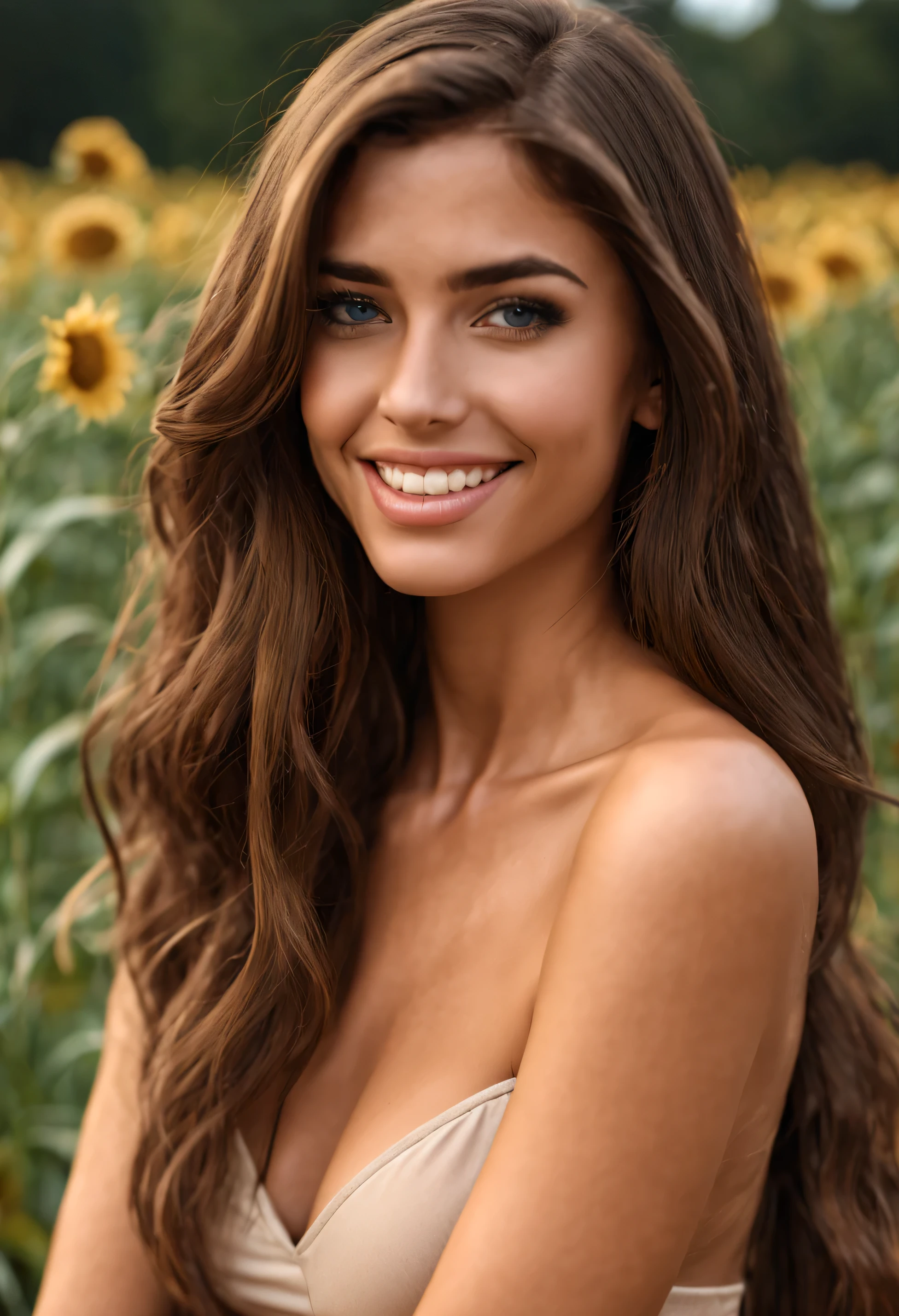 masterpiece, 1 extremely beautiful girl, 20 years old, brunette, curve cut hairstyle, tall (5 ft 9), skinny, fit, tanned, beautiful hands, long legs, european italian super beauty, beautiful skin, detailed blue eyes, hyper-realistic. (8K), natural smile, beautiful white teeth, very beautiful hair, detailed face, professional lighting.  Standing in a cornfield looking at the sky. Hyper realistic, photo realistic