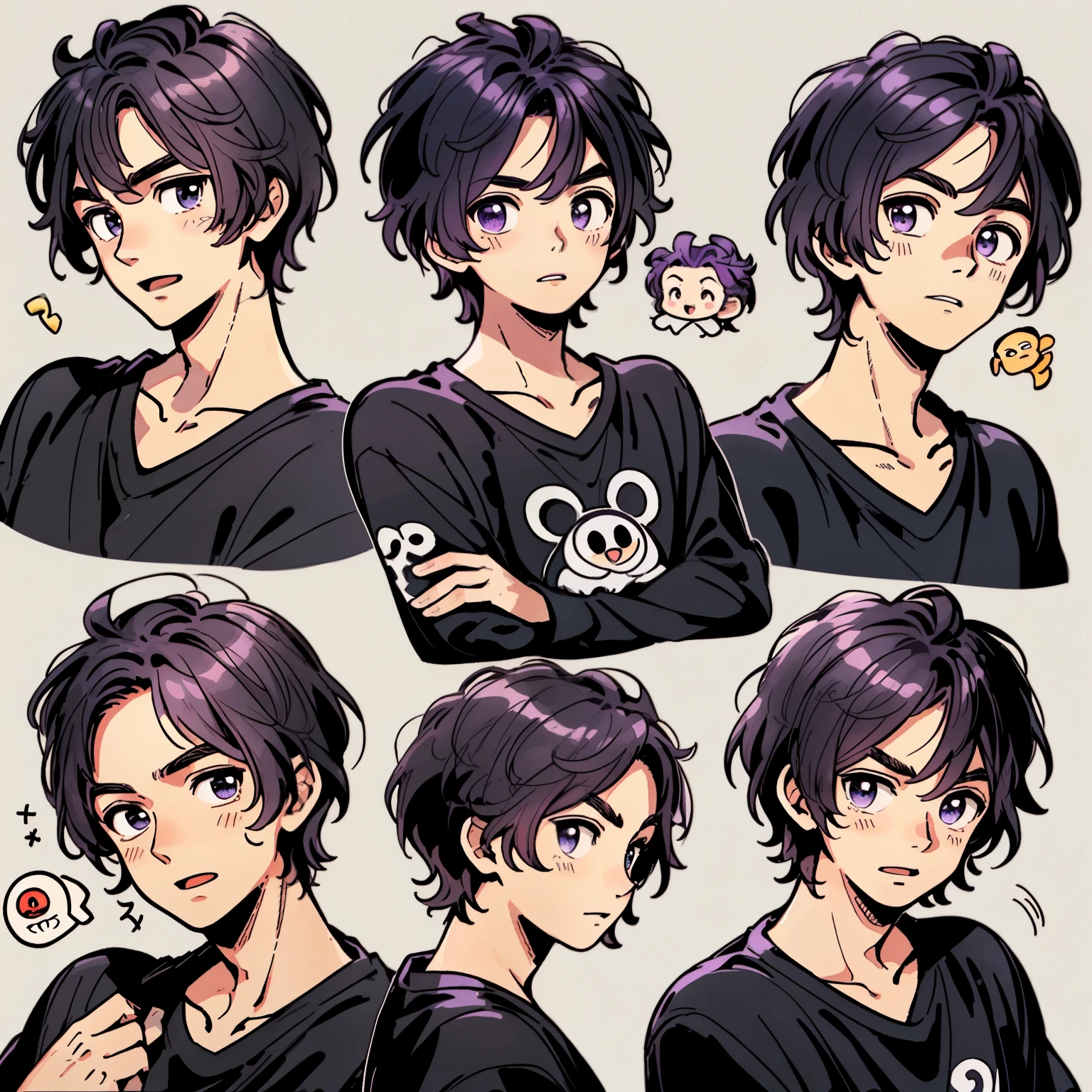 (a handsome man,9 grades,9 packs of emojis,9 poses and expressions,purple t-shirt, Disney style,purple features,various emotions,8k,very short hair)